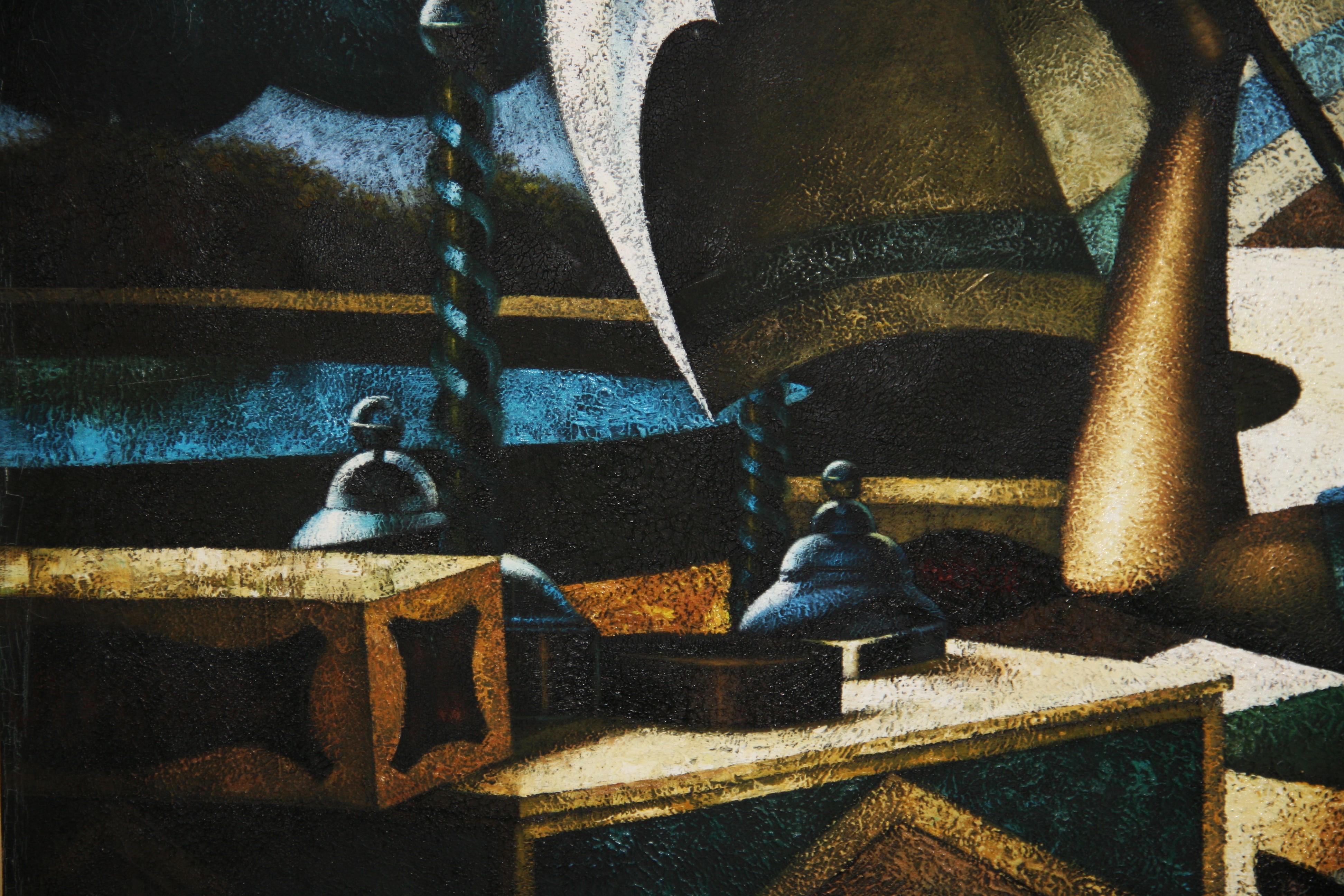 Vintage Italian Large Scale Blue Tone Futurist Oil Painting Woman with Umbrella 4
