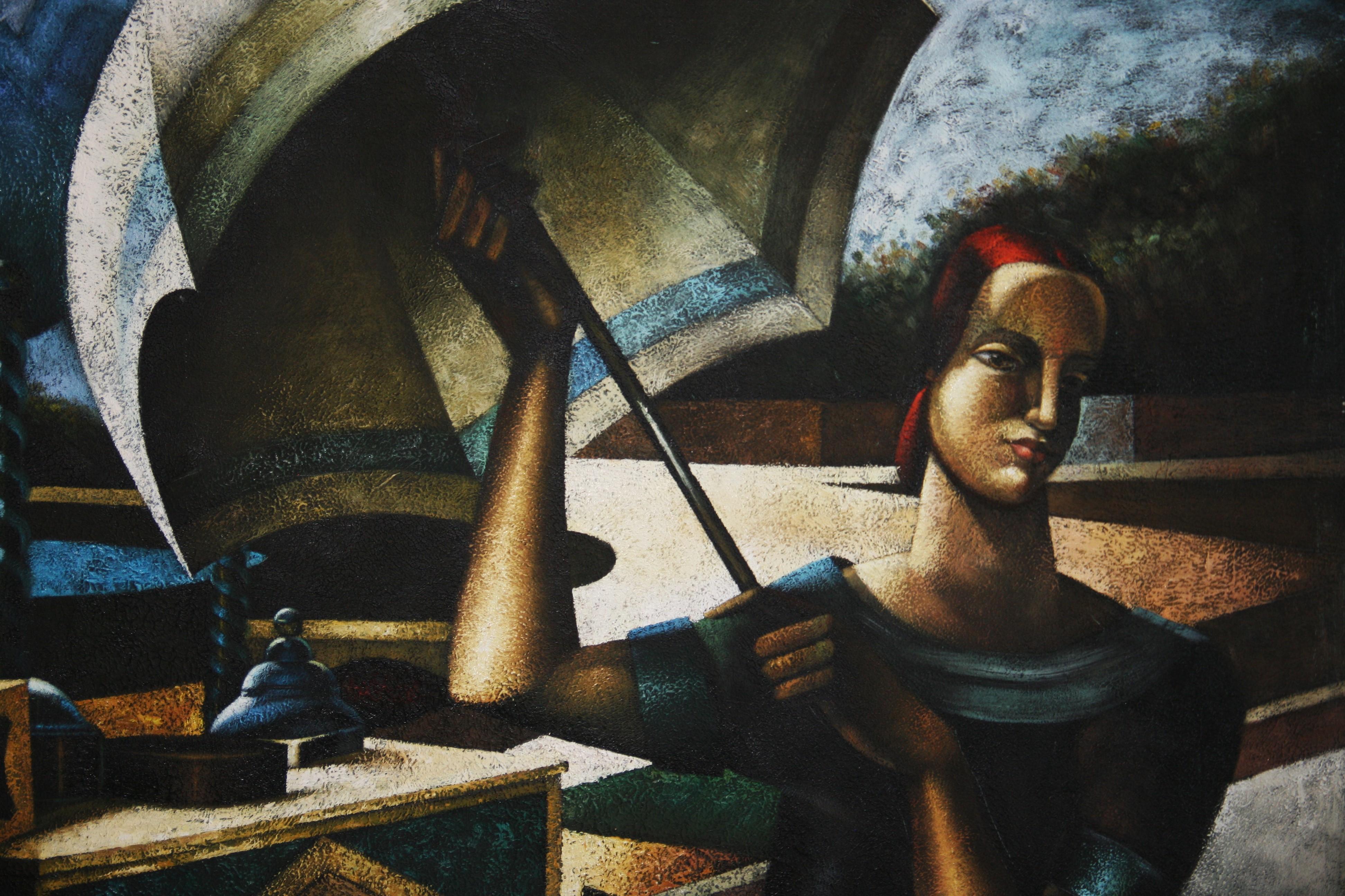 Vintage Italian Large Scale Blue Tone Futurist Oil Painting Woman with Umbrella 5