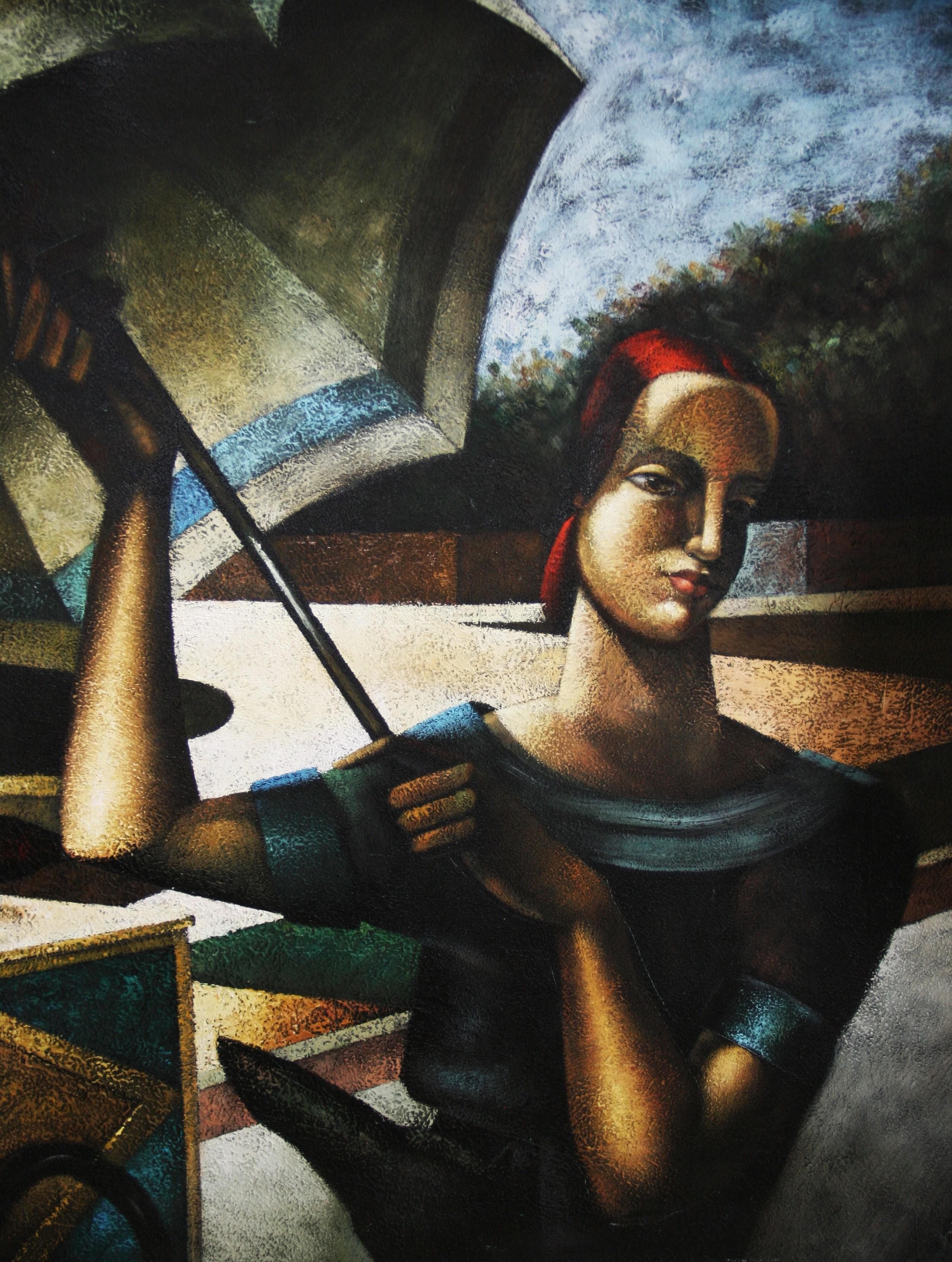Vintage Italian Large Scale Blue Tone Futurist Oil Painting Woman with Umbrella 6