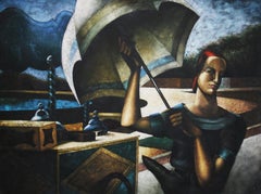 Vintage Italian Large Scale Blue Tone Futurist Oil Painting Woman with Umbrella
