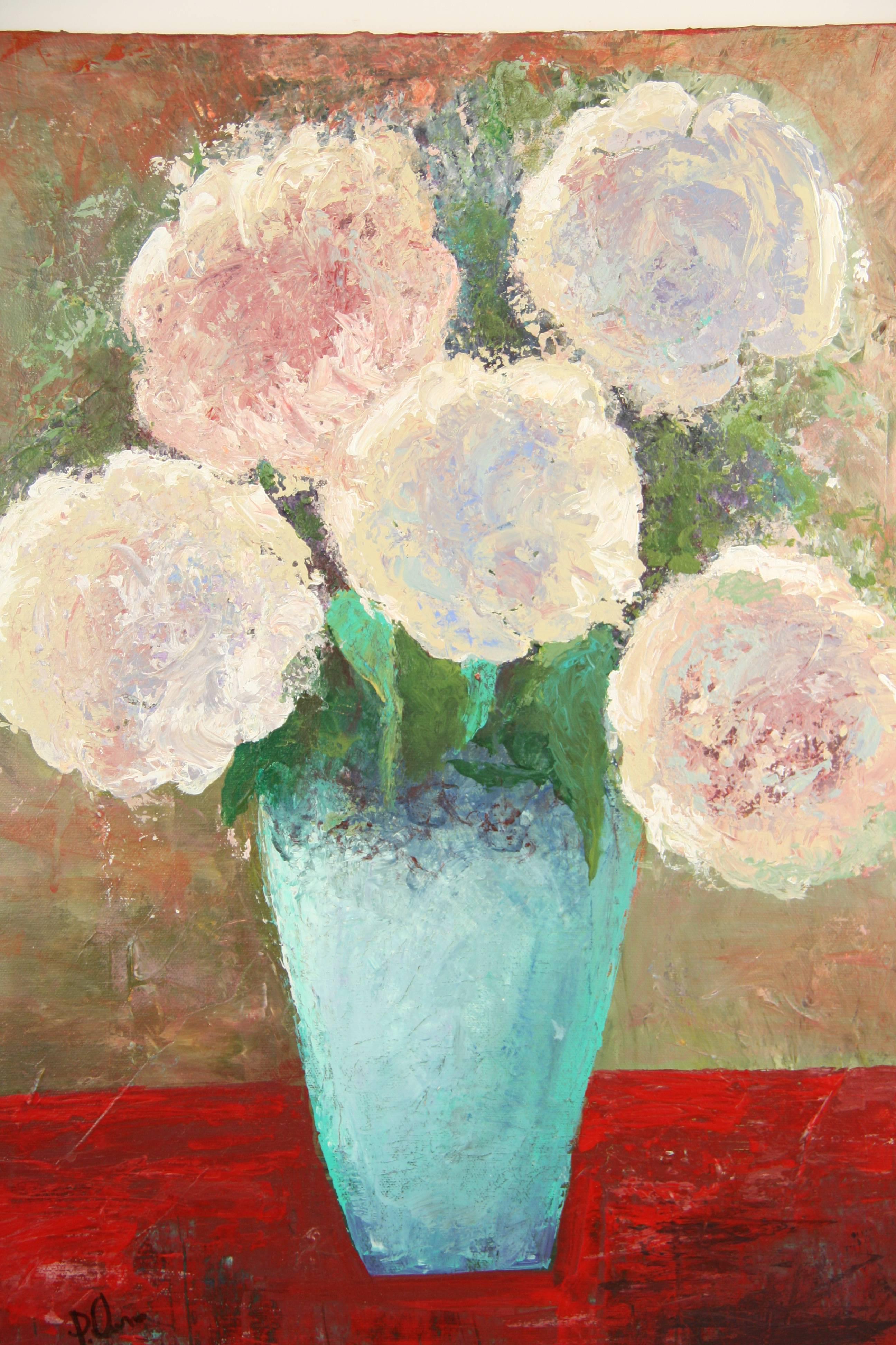 Vintage  Italian Modernist Impressionist  Hydrangea Still Life By P.Russo - Brown Still-Life Painting by Unknown
