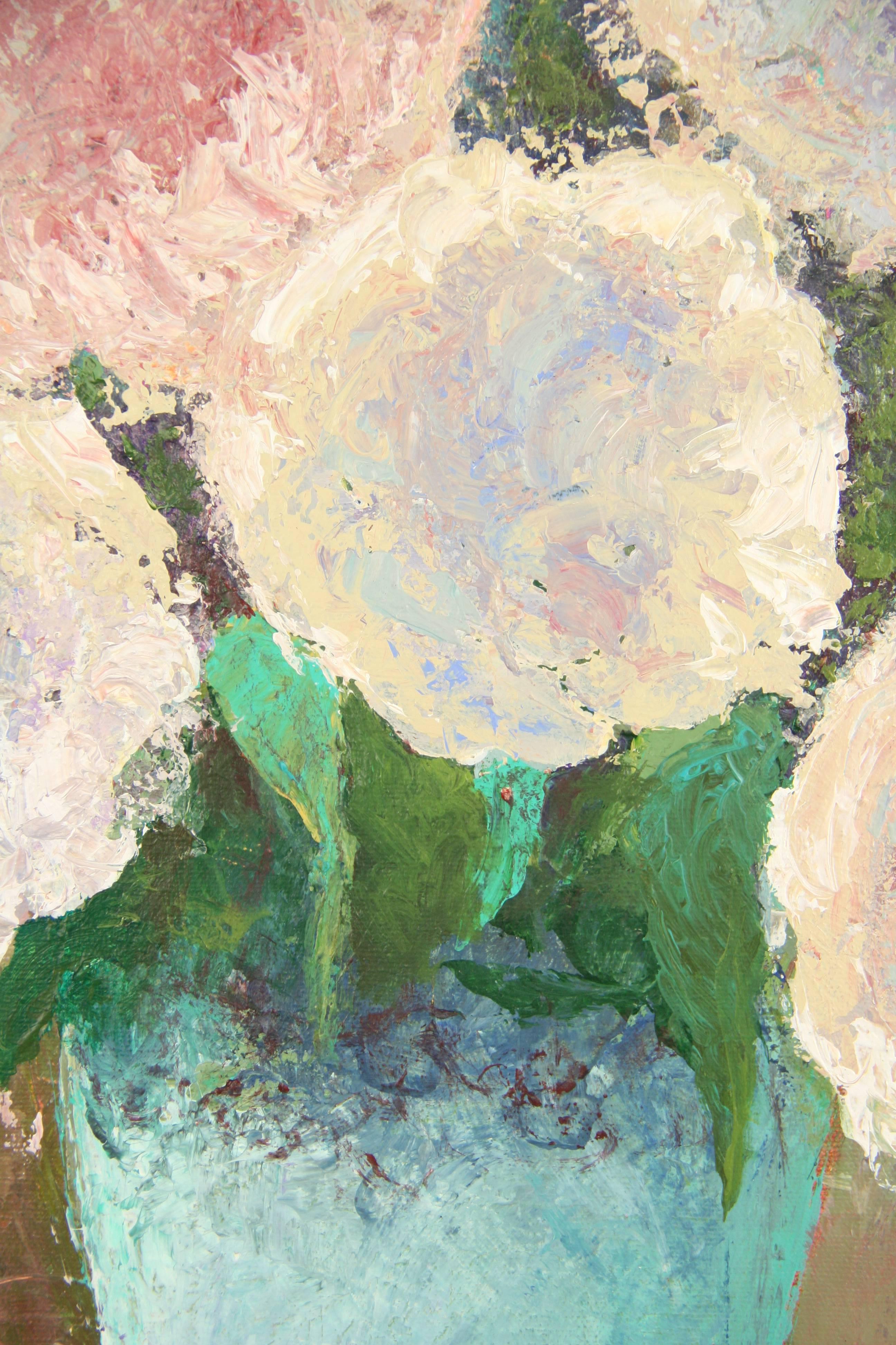 6010 Vintage Modernist Impressionist still life hydrangea bouquet in a torquoise vase, oil on canvas signed by P.Russo
Unframed