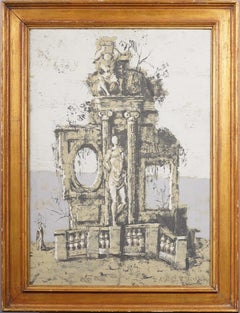 Vintage Italian Modernist Surreal Architectural Landscape Framed Oil Painting