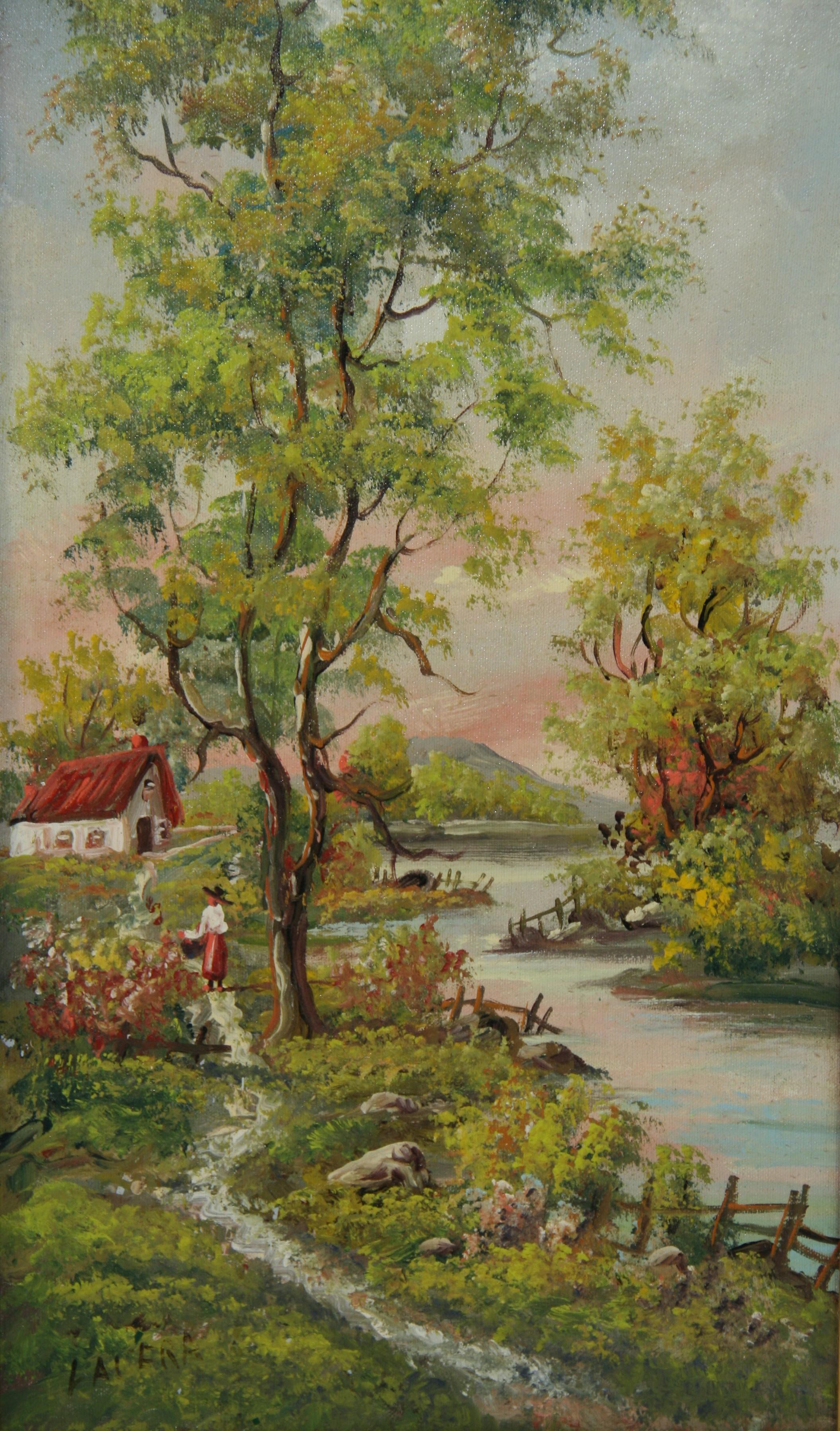 Italienisches Ölgemälde im Vintage-Stil „Rivers Edge with Tall Trees“ von Lavera, Vintage (Braun), Landscape Painting, von Unknown