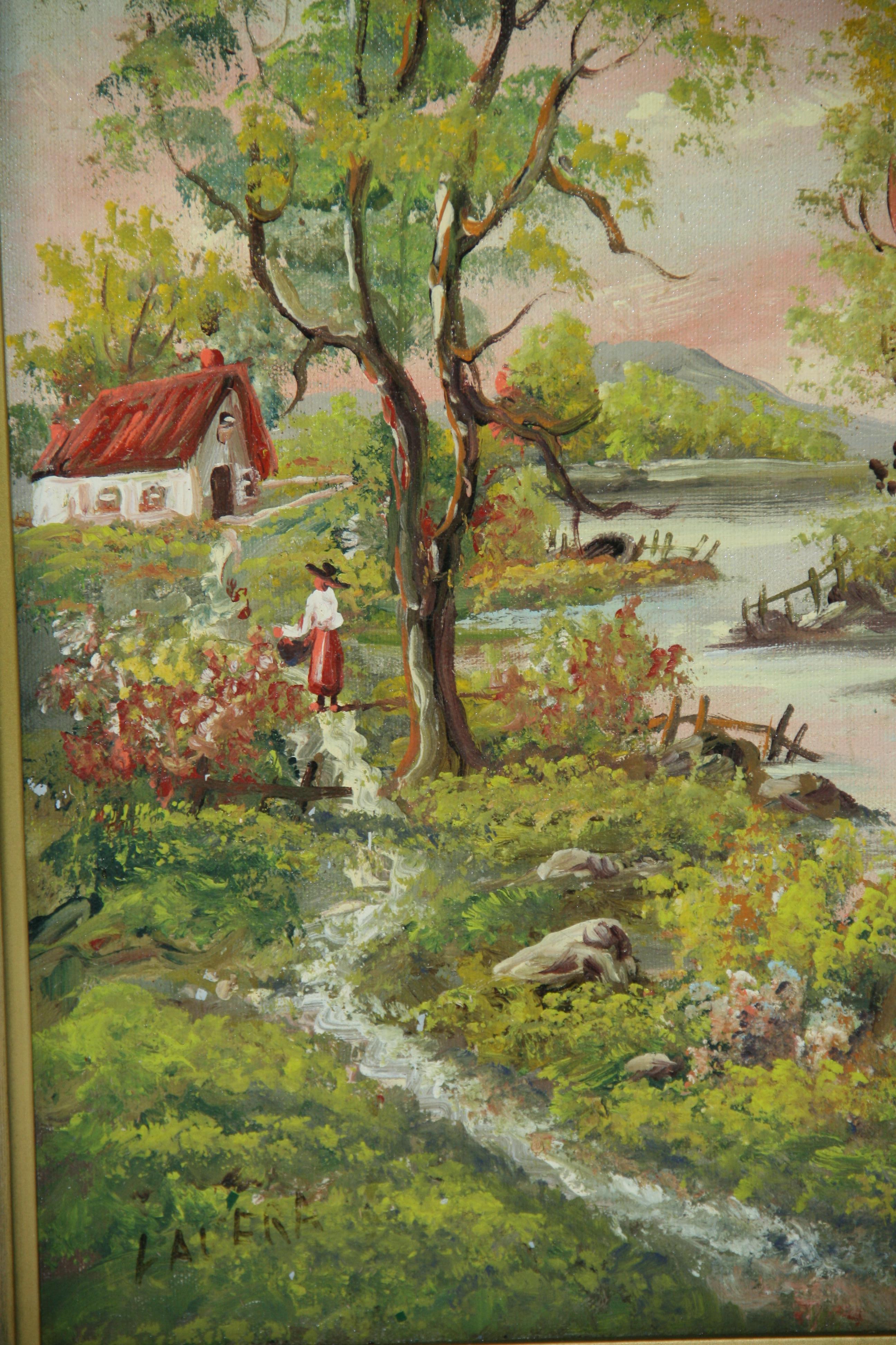 5192 Escena paisajística italiana con árboles altos junto a la orilla de un río y una mujer regando su jardín.
Tamaño de la imagen 23,5x 11,5