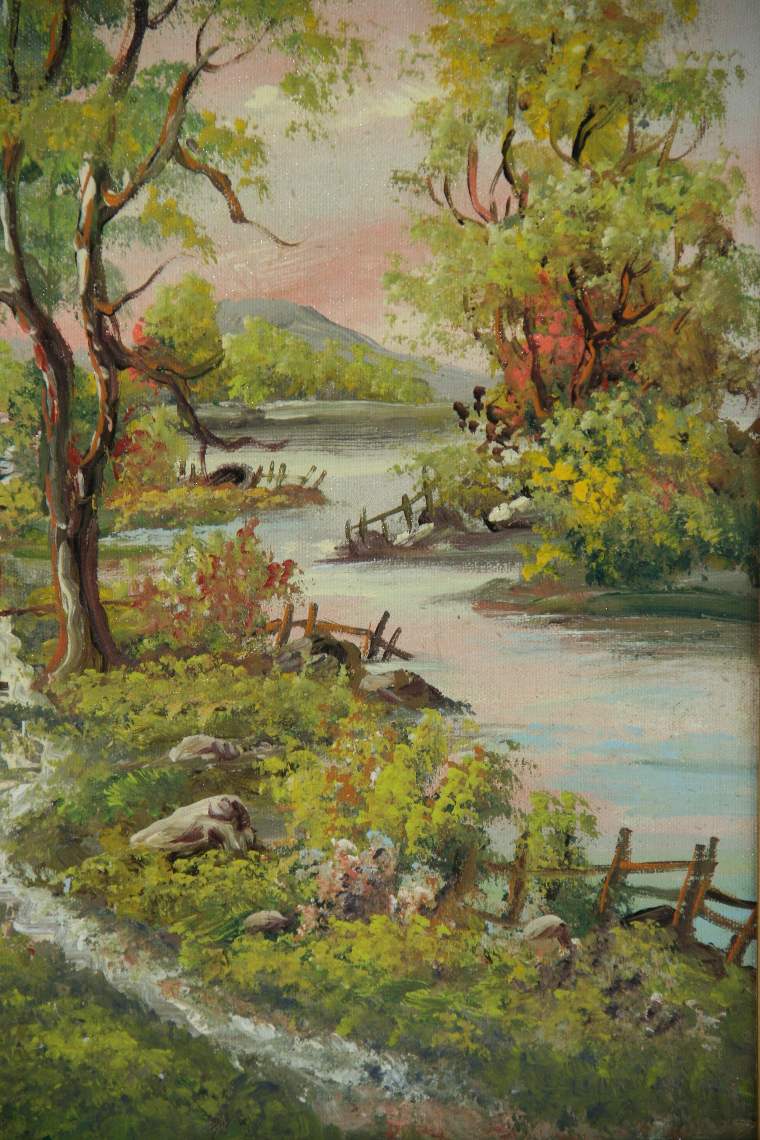 Italienisches Ölgemälde im Vintage-Stil „Rivers Edge with Tall Trees“ von Lavera, Vintage im Angebot 1