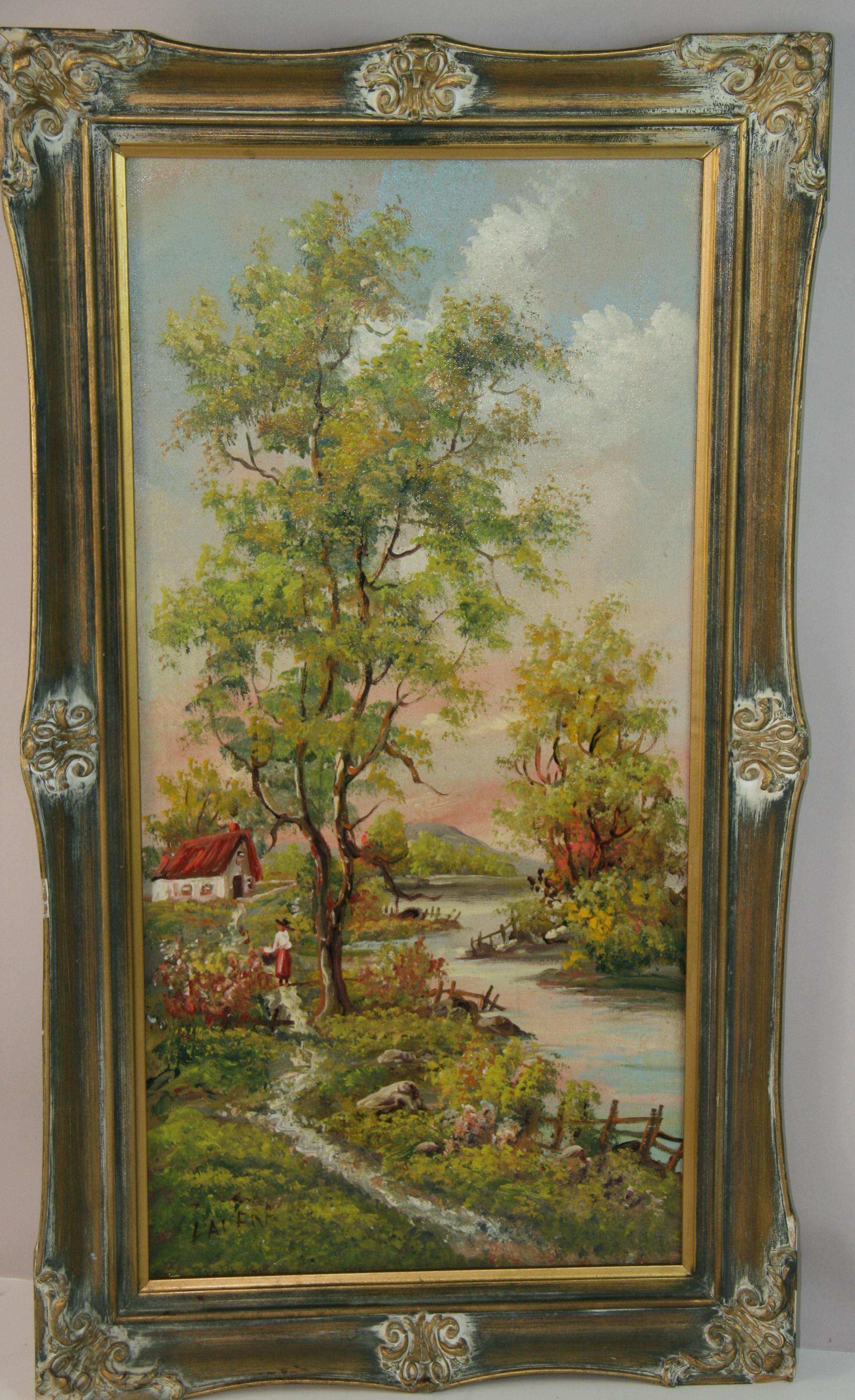 Landscape Painting de Unknown - Cuadro al óleo italiano vintage "Orilla del río con árboles altos" de Lavera