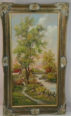 Pittura a olio d'epoca italiana "Bordo del fiume con alberi alti" di Lavera