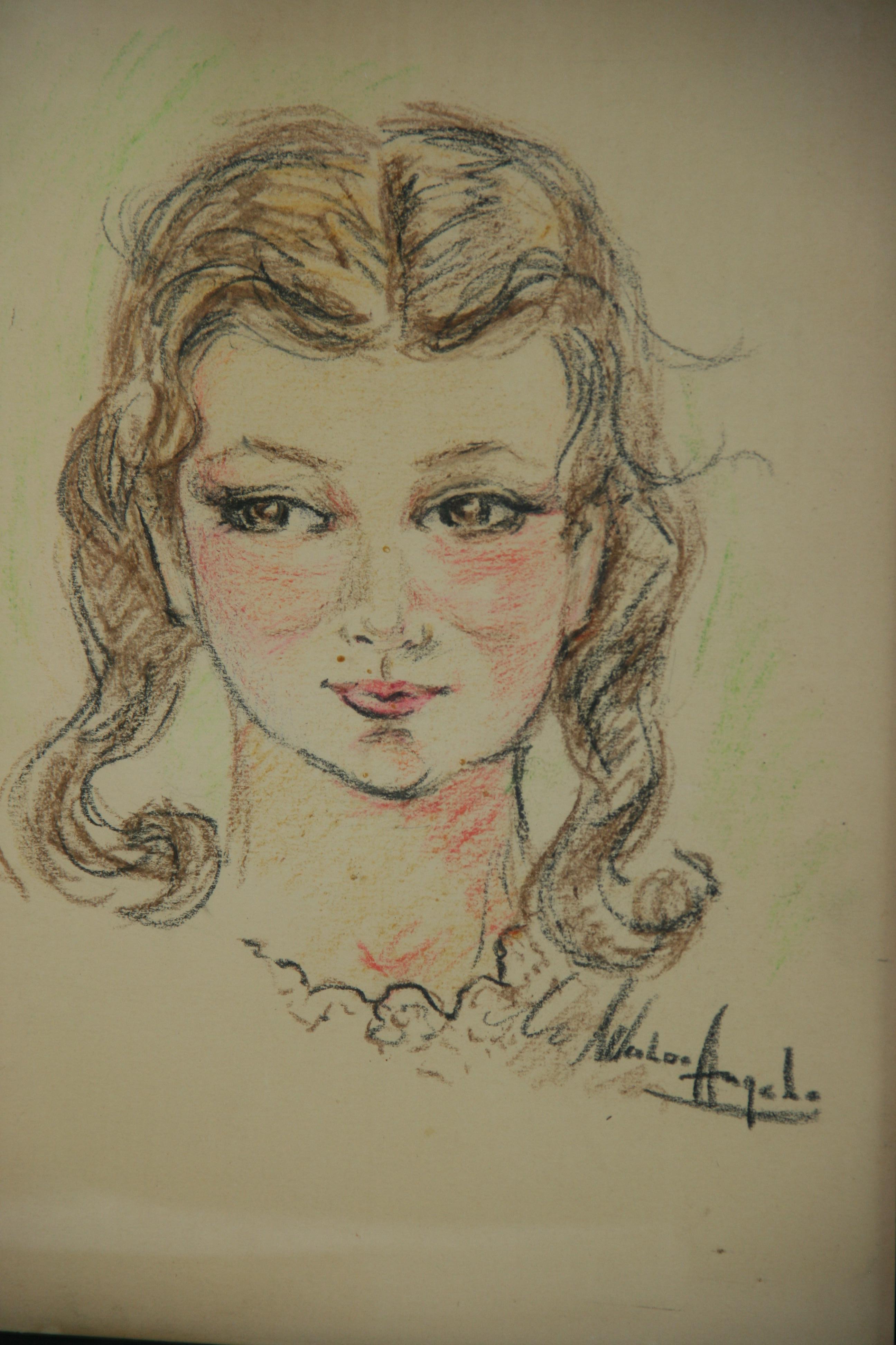 Pastel al óleo italiano vintage Joven con colas de cerdo - Portrait Painting Marrón de Unknown