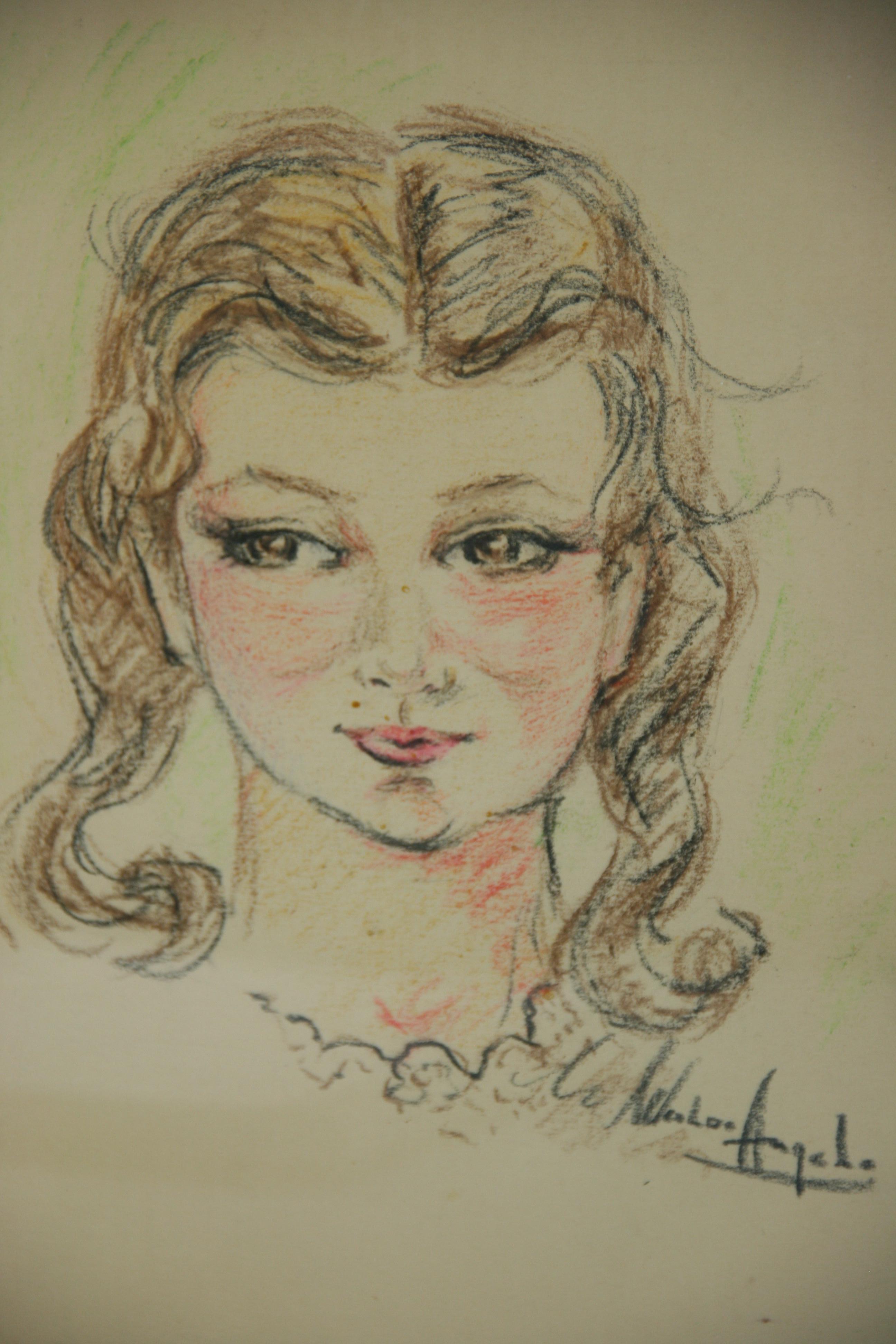 5197 Pastel al óleo italiano de una joven con coletas