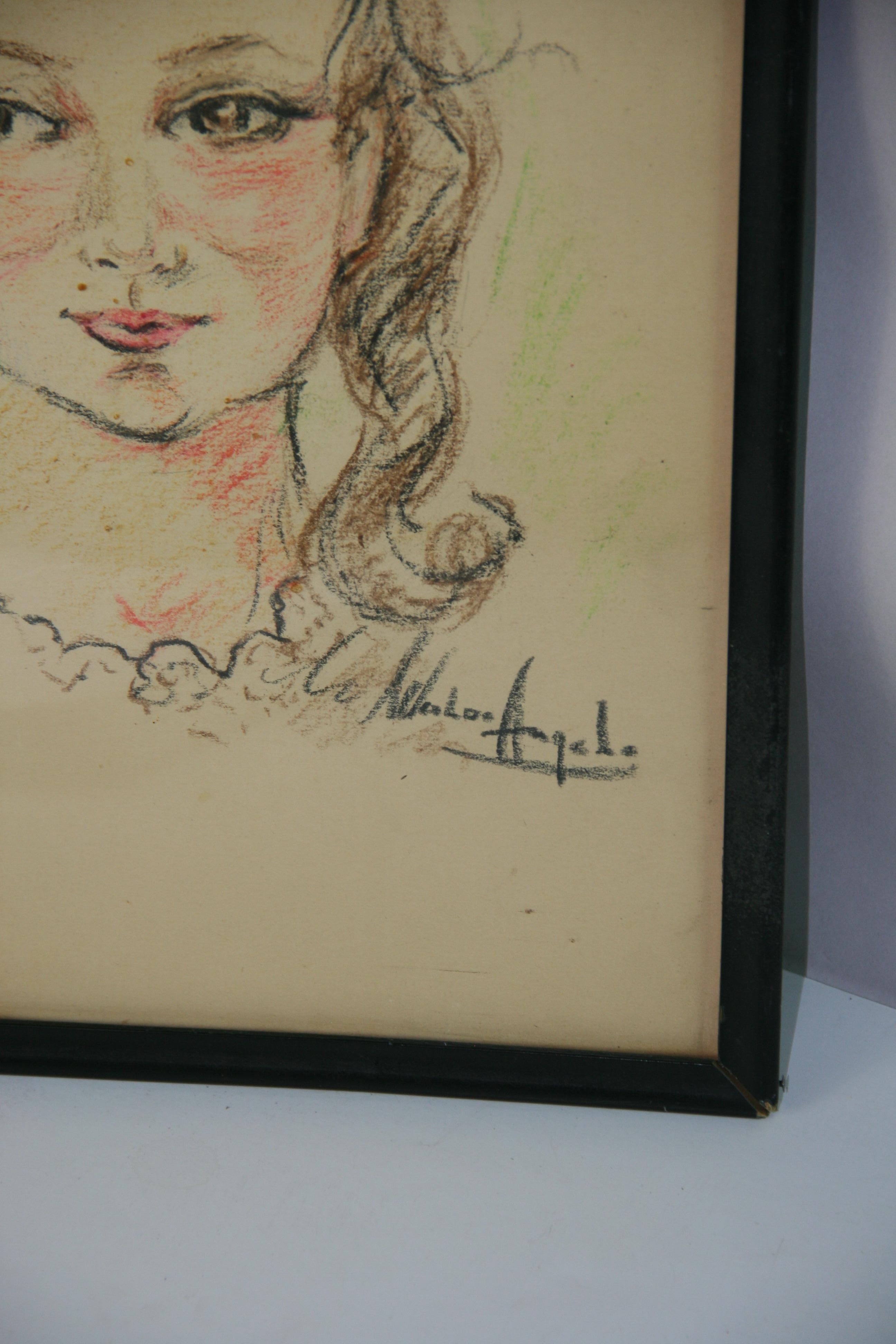 Pastel al óleo italiano vintage Joven con colas de cerdo en venta 1
