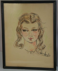 Vintage Italian Oil Pastel Young Girl with Pig Tails