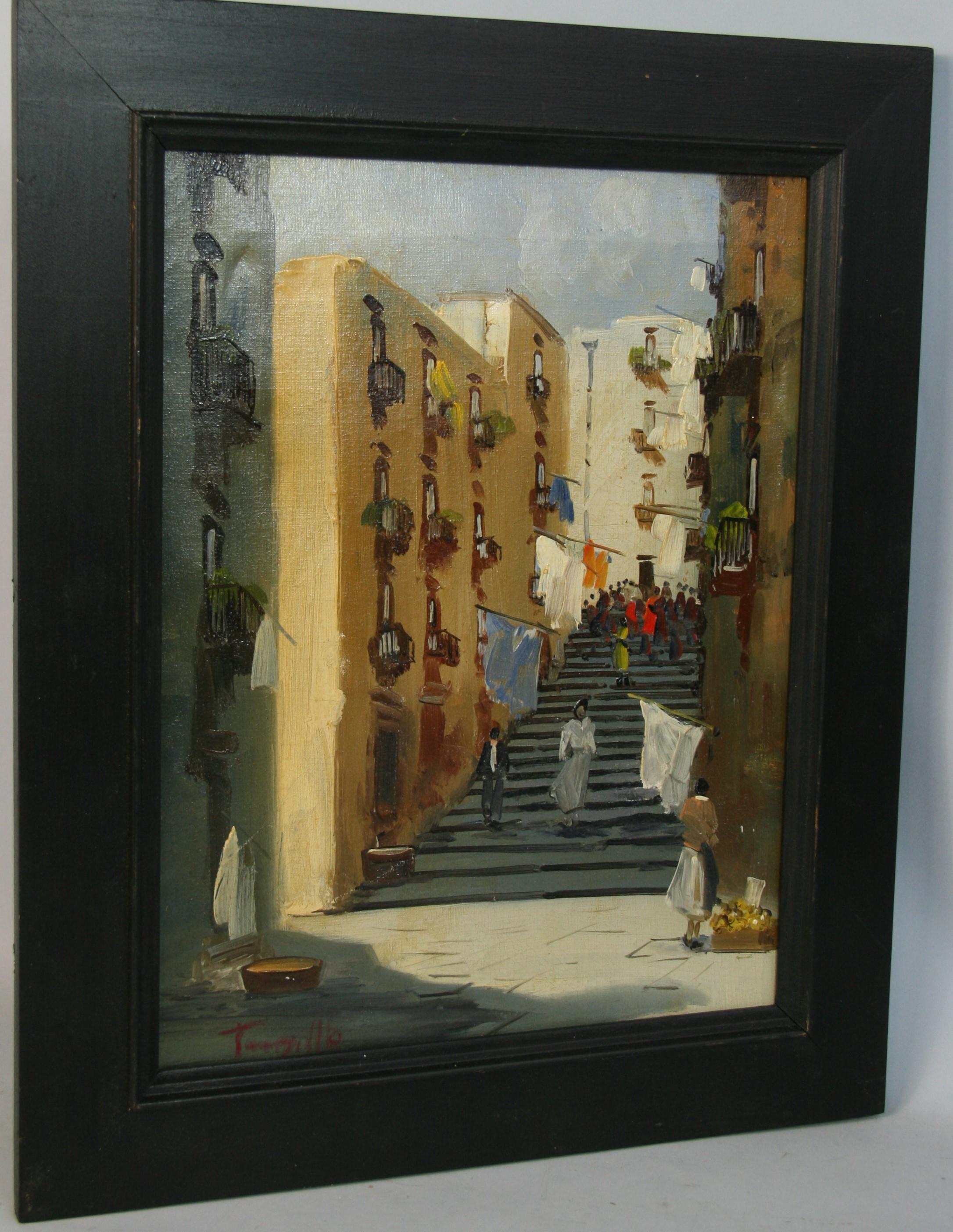 Scena di strada italiana vintage  di Napoli Olio su tela di Tanzello - Painting di Unknown