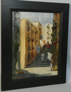 Vintage Italian Street Scene  of Naples Oil On Canvas By Tanzello