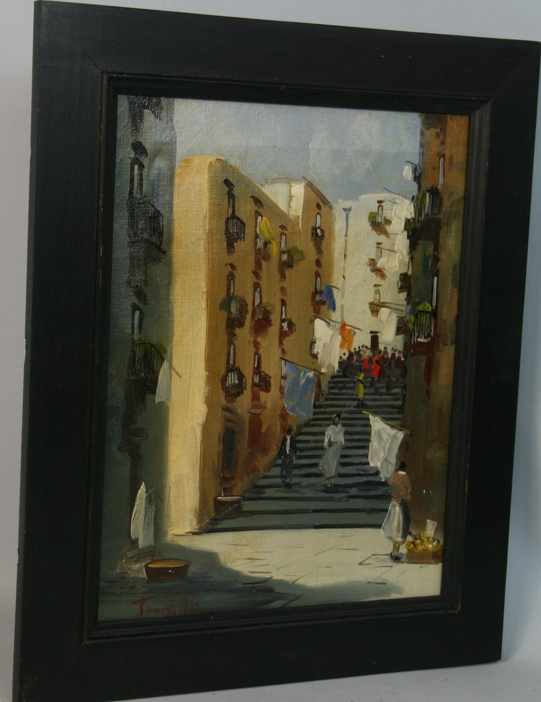 Scena di strada italiana vintage  di Napoli Olio su tela di Tanzello - Landscape Painting Marrone di Unknown