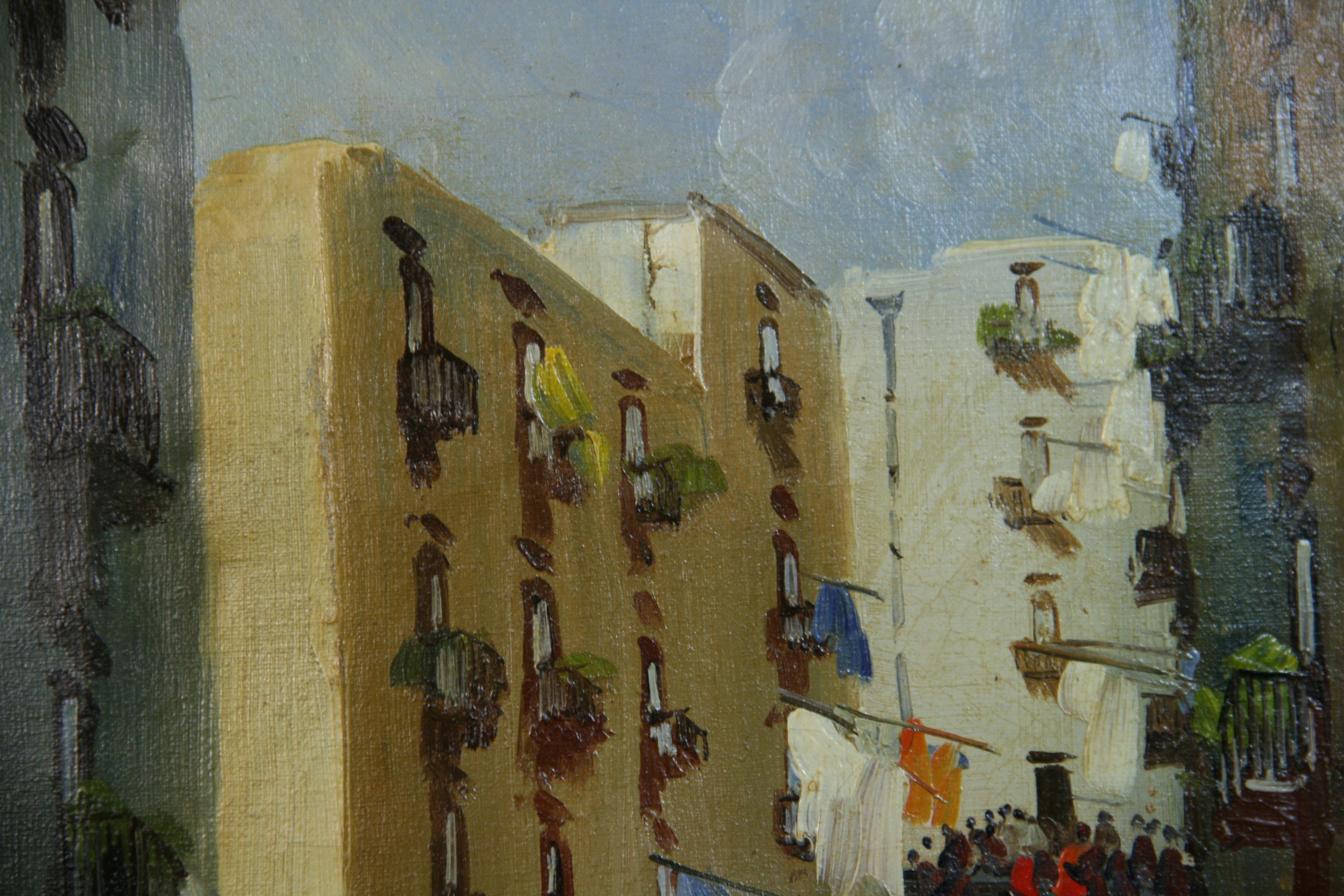 Vintage Italian Streets of Naples Oil On Canvas By Tanzello For Sale 1