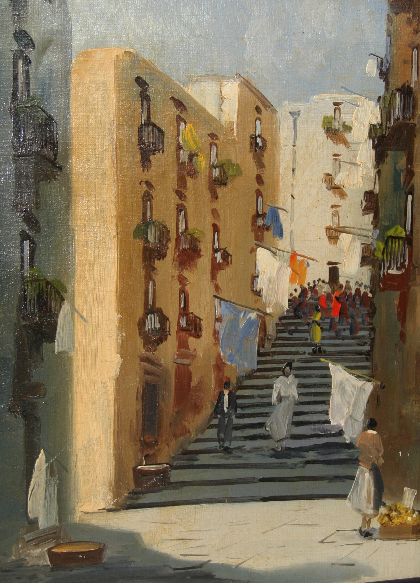 Vintage Italian Streets of Naples Oil On Canvas By Tanzello For Sale 4