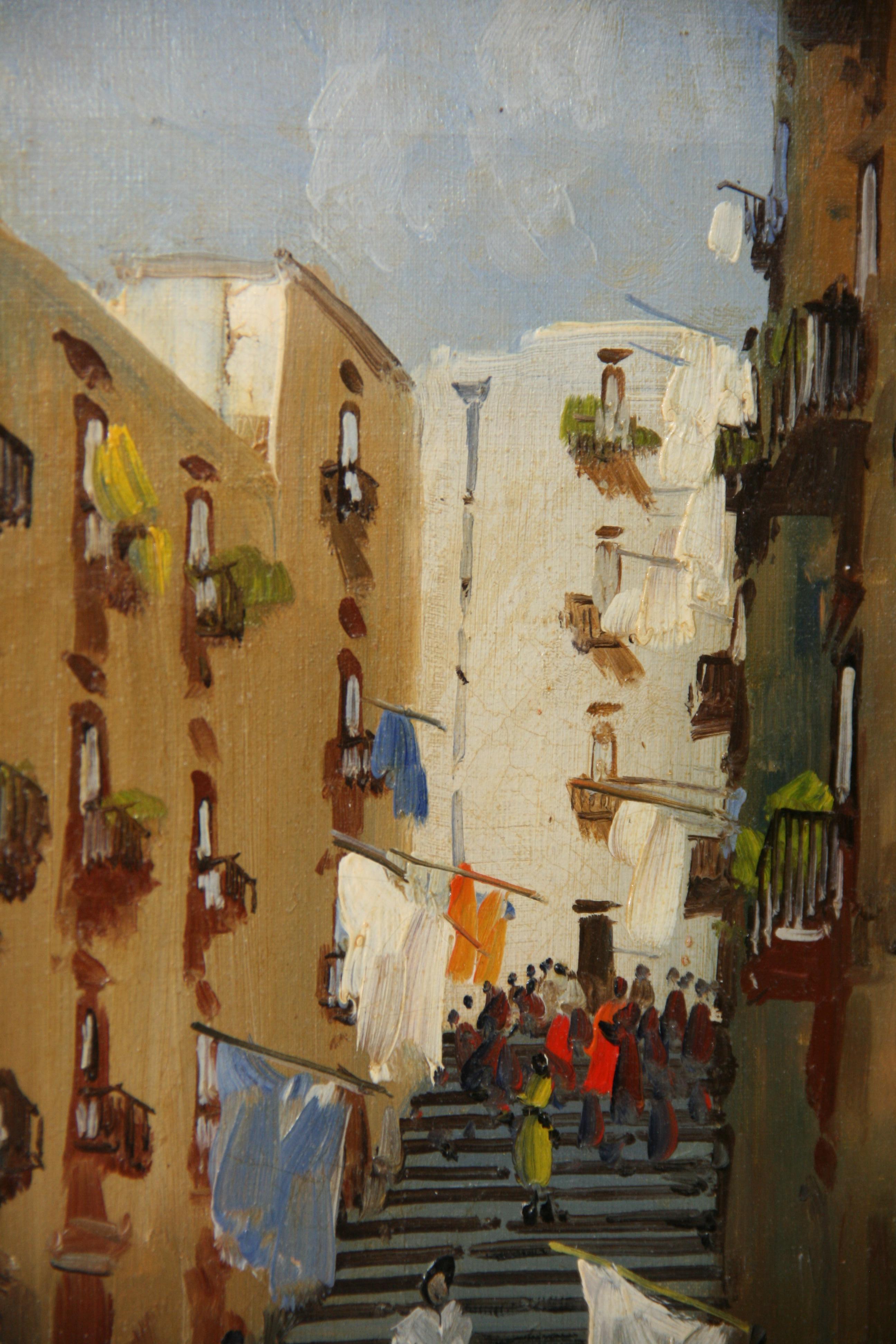 Scena di strada italiana vintage  di Napoli Olio su tela di Tanzello in vendita 4