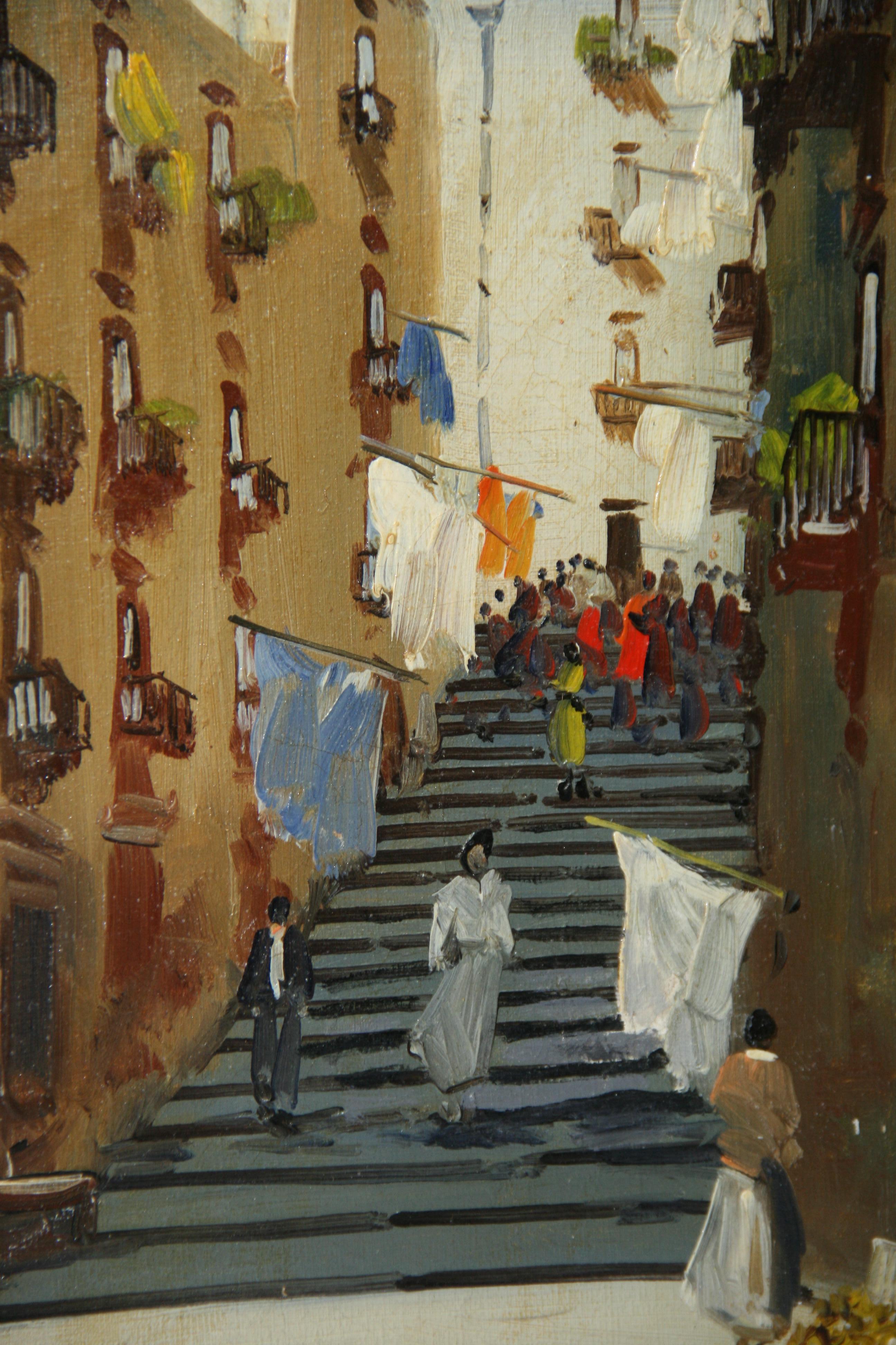 Landscape Painting di Unknown - Scena di strada italiana vintage  di Napoli Olio su tela di Tanzello