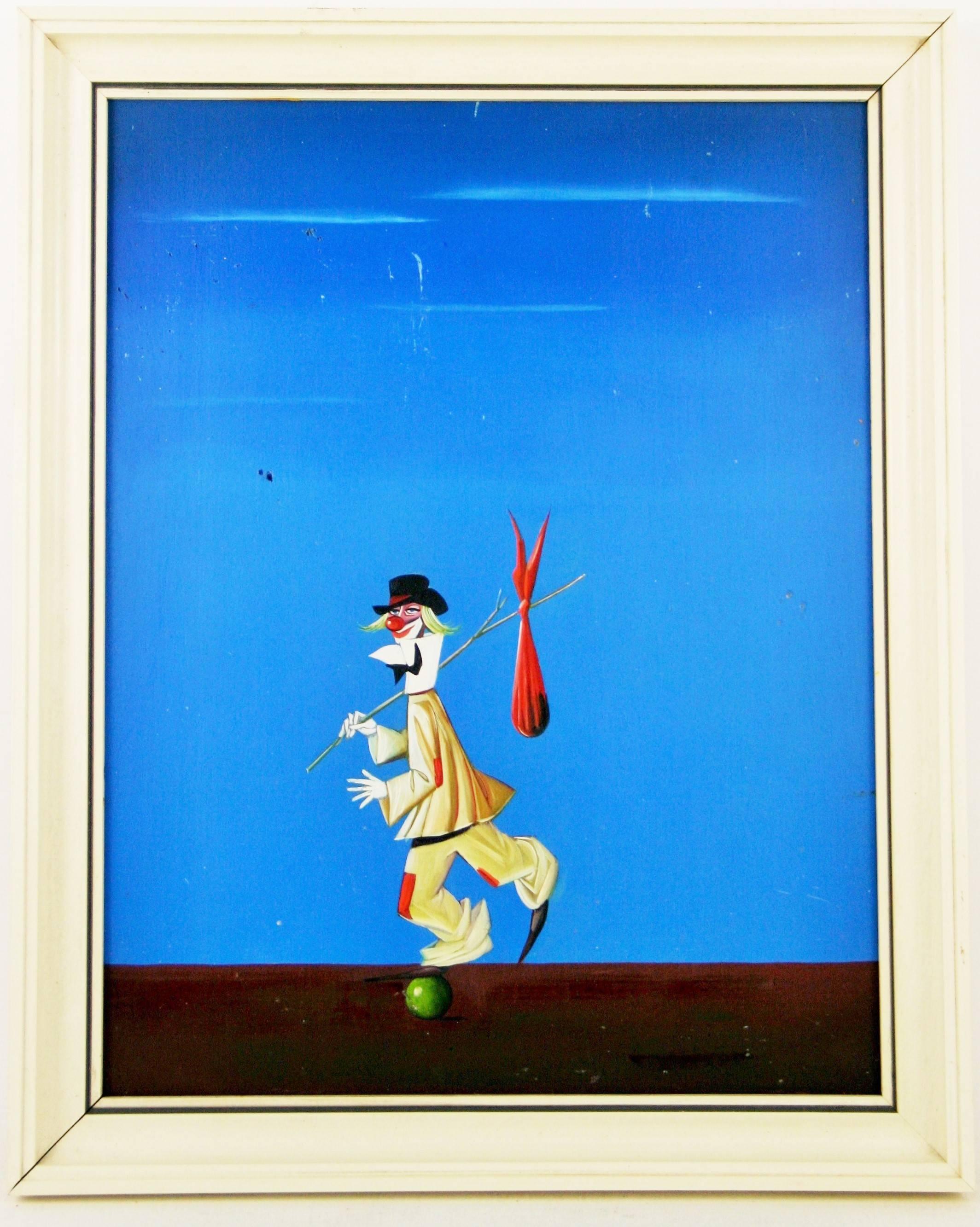 #5-2825 A circa 1950's oil on wood panel,displayed in a off-white wood frame.Artist unknown
