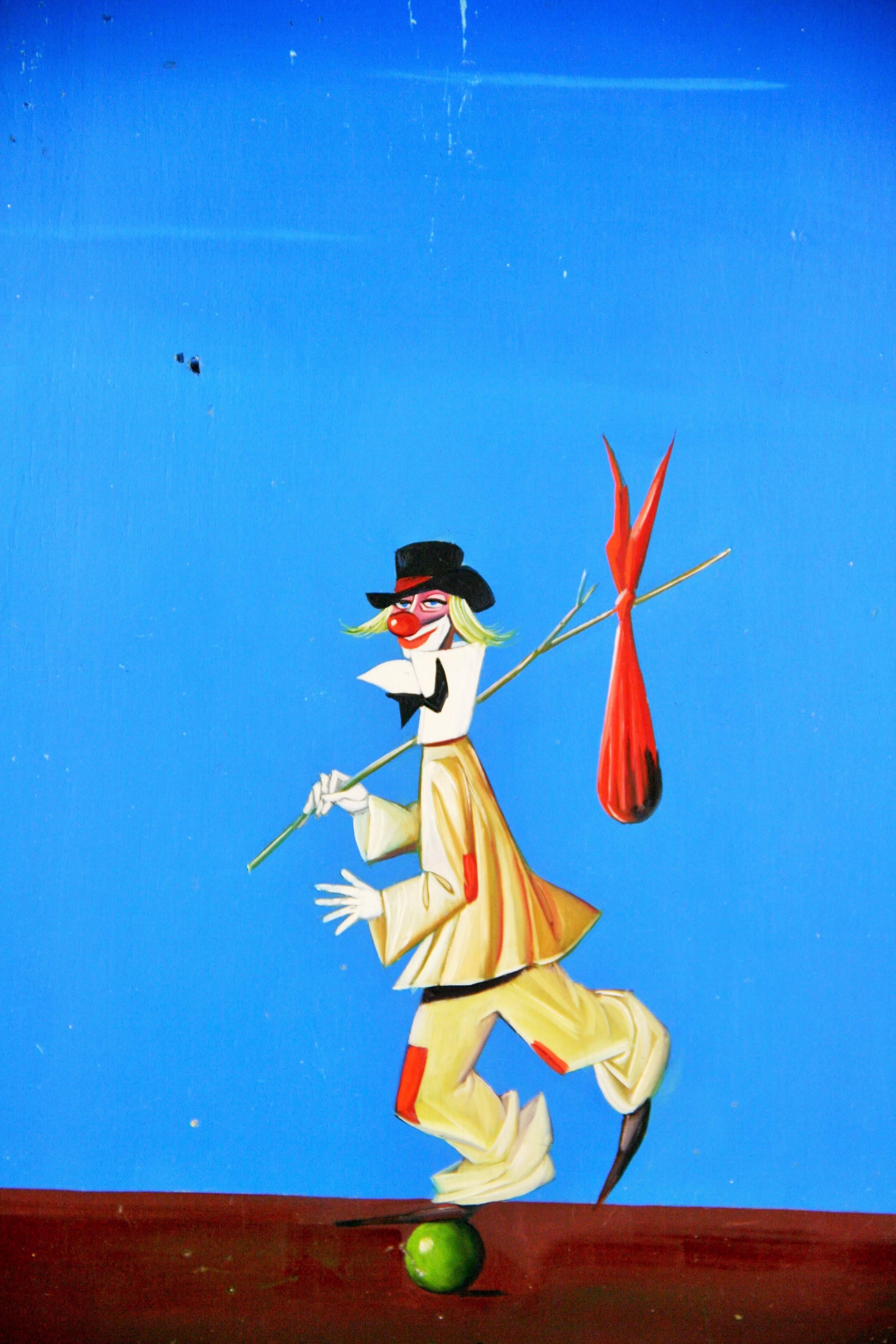 Unknown Figurative Painting - Vintage Italian Surreal   Oil Painting "Balancing On A Green Ball" Circa 1950's