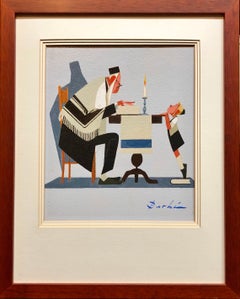 Vintage Jewish French Caricature Cheder Test  Humorous Judaica Gouache Painting