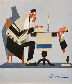 Vintage Jewish French Caricature Cheder Test  Humorous Judaica Gouache Painting 