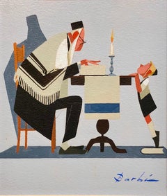 Vintage Jewish French Caricature Cheder Test Humorous Judaica Gouache Painting