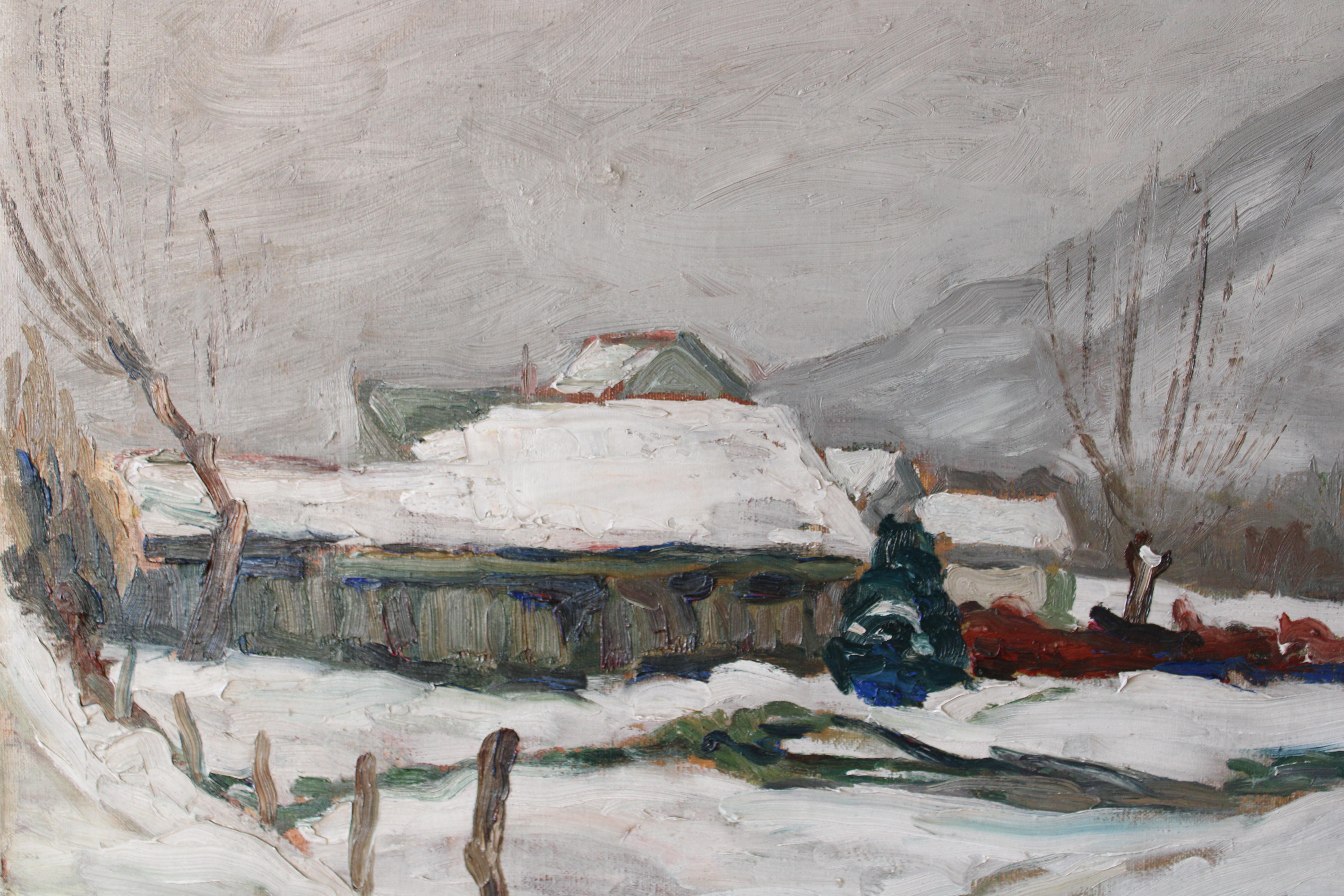 Vintage Landscape Oil Painting, Post-Impressionist Snowscape by P Mossu For Sale 1