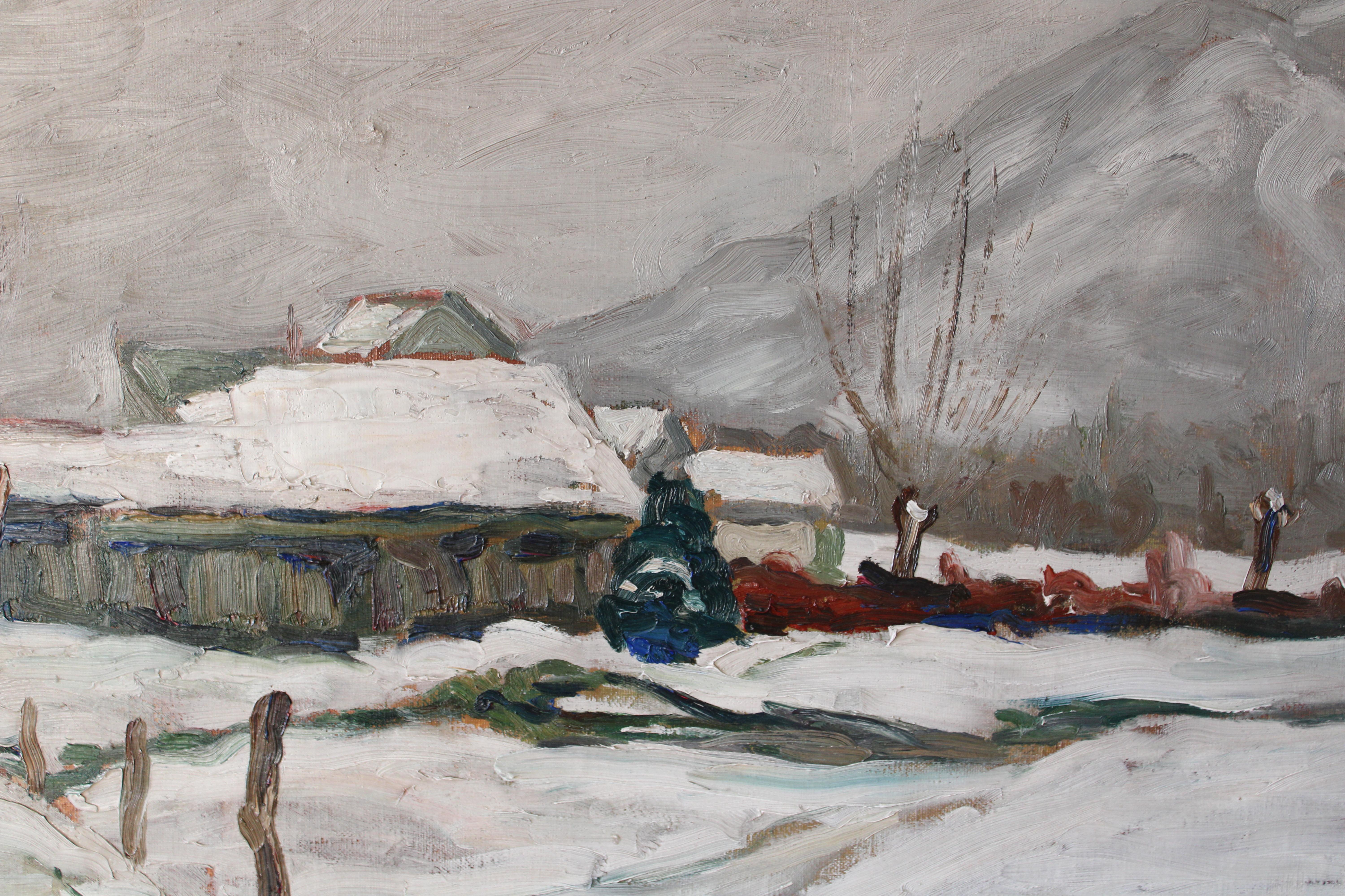 Vintage Landscape Oil Painting, Post-Impressionist Snowscape by P Mossu For Sale 2