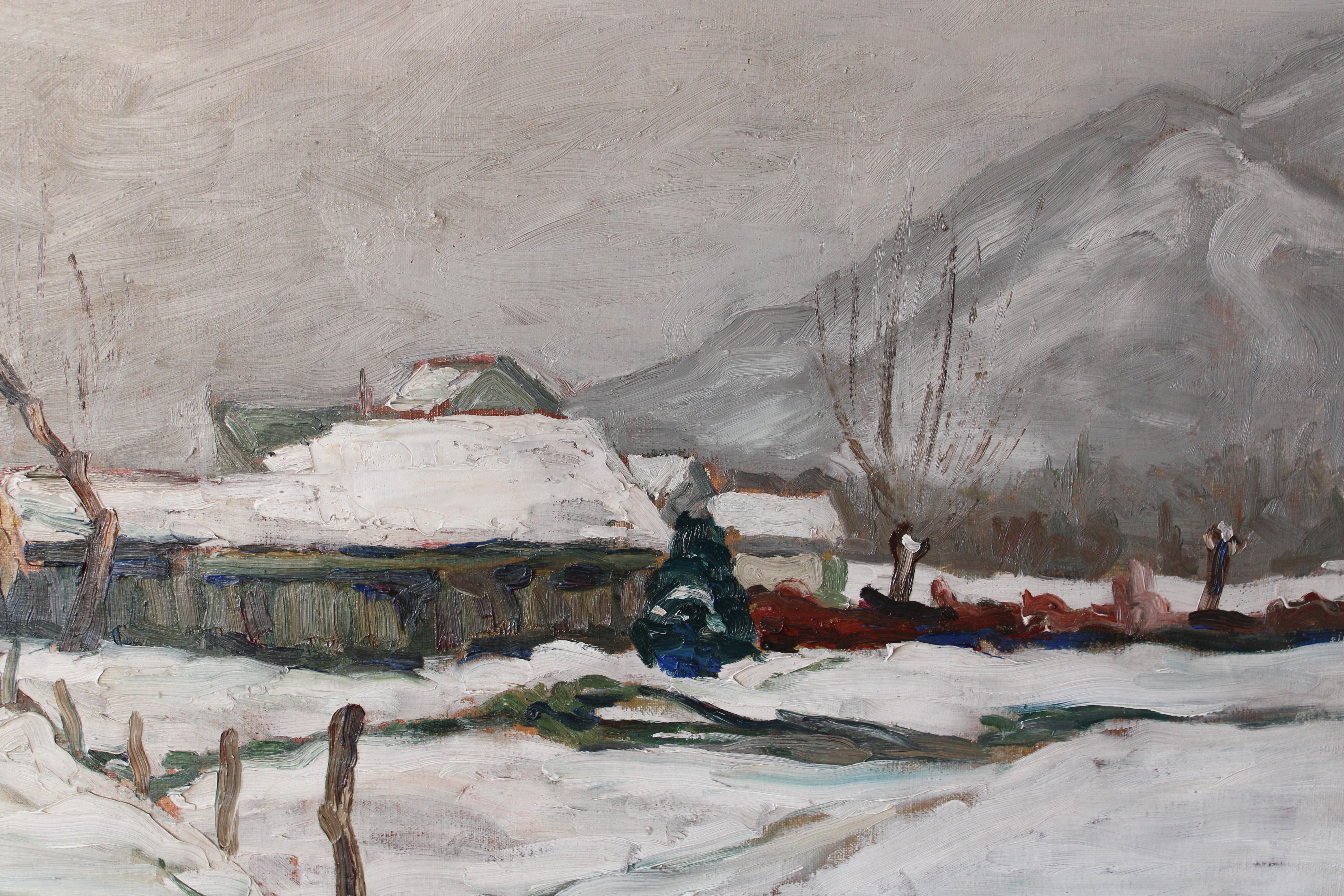 Vintage Landscape Oil Painting, Post-Impressionist Snowscape by P Mossu For Sale 3