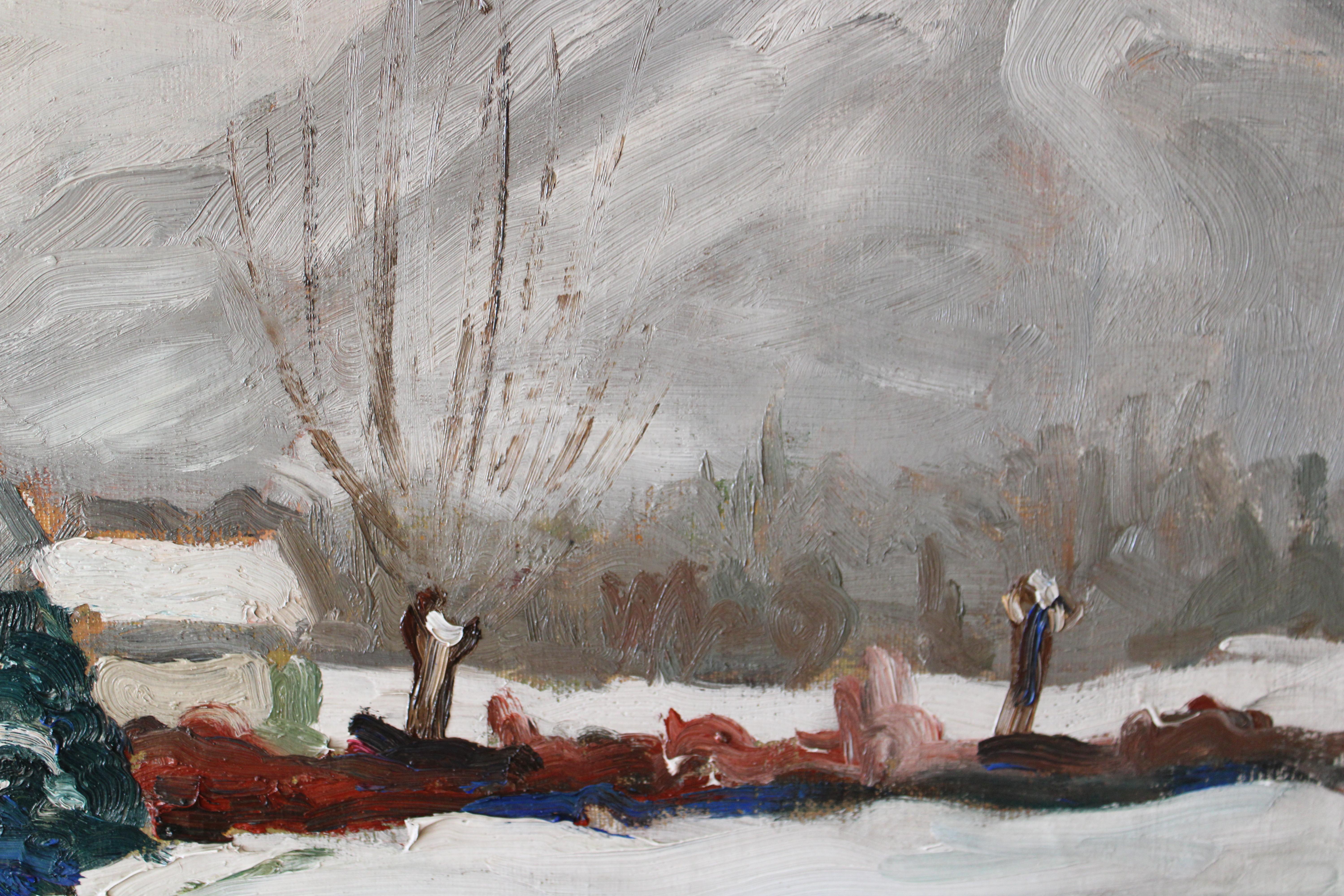 Vintage Landscape Oil Painting, Post-Impressionist Snowscape by P Mossu For Sale 4