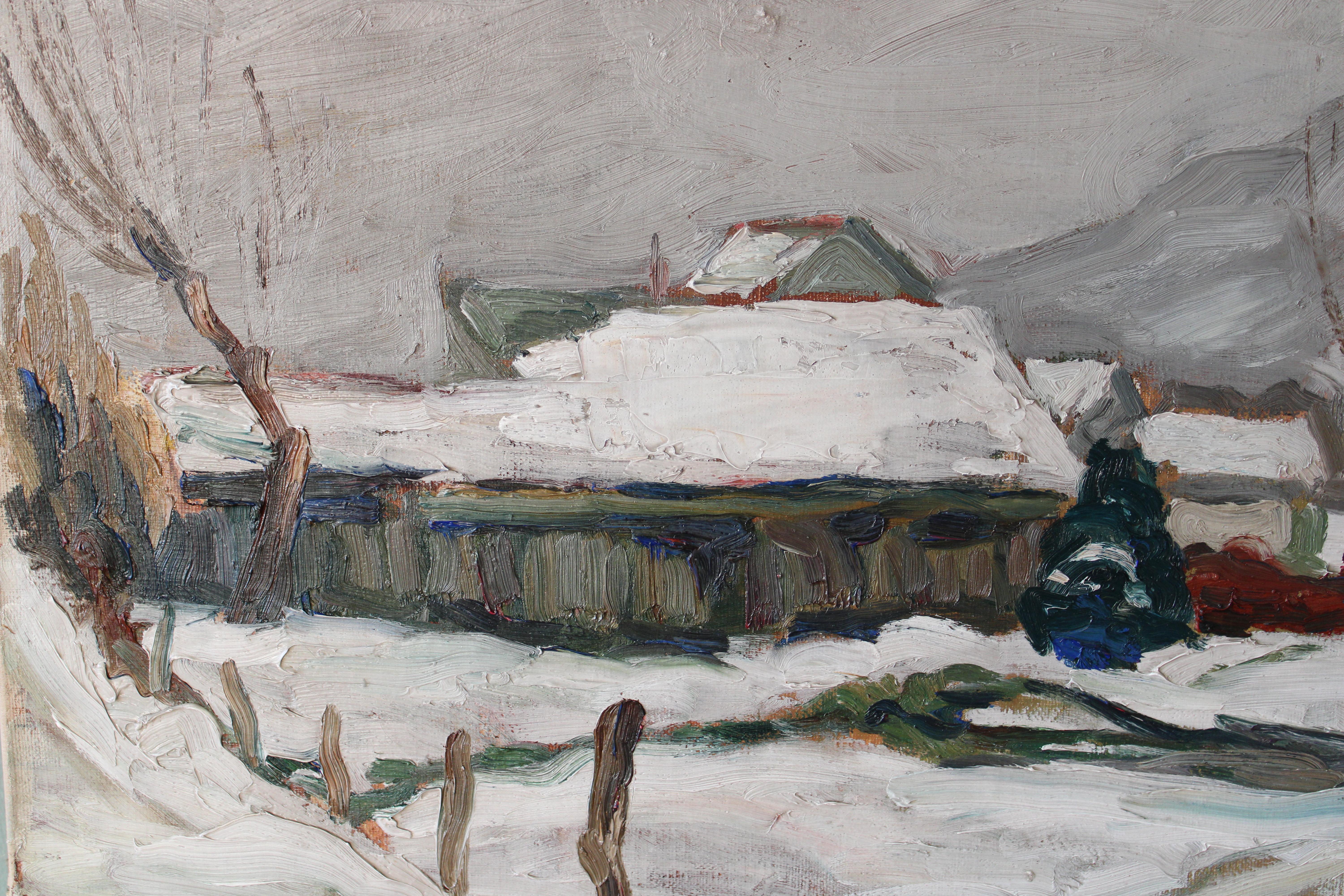 Vintage Landscape Oil Painting, Post-Impressionist Snowscape by P Mossu For Sale 5