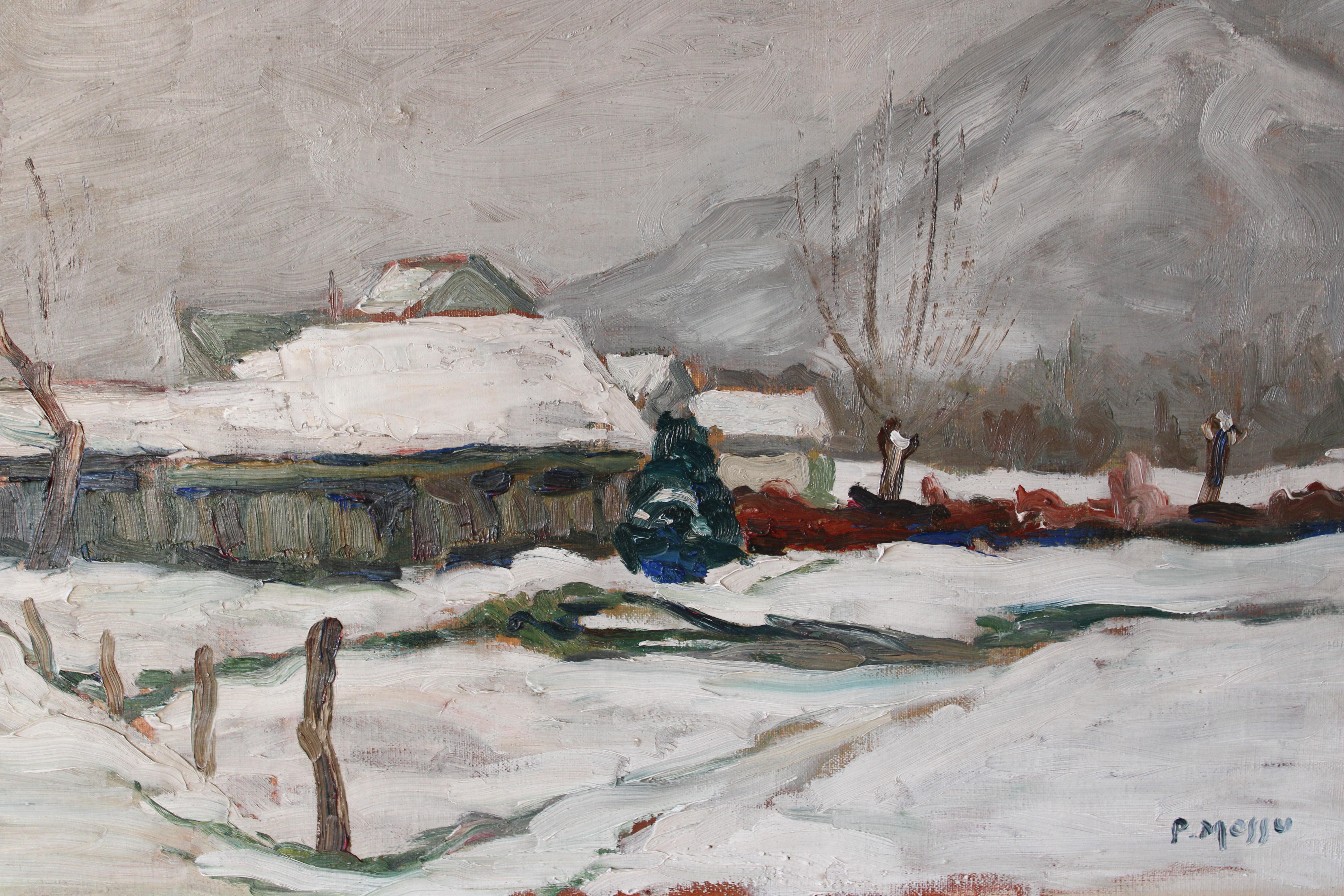 Vintage Landscape Oil Painting, Post-Impressionist Snowscape by P Mossu For Sale 6
