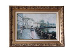 Vintage Landscape oil painting, riverscape painting with figurative scene