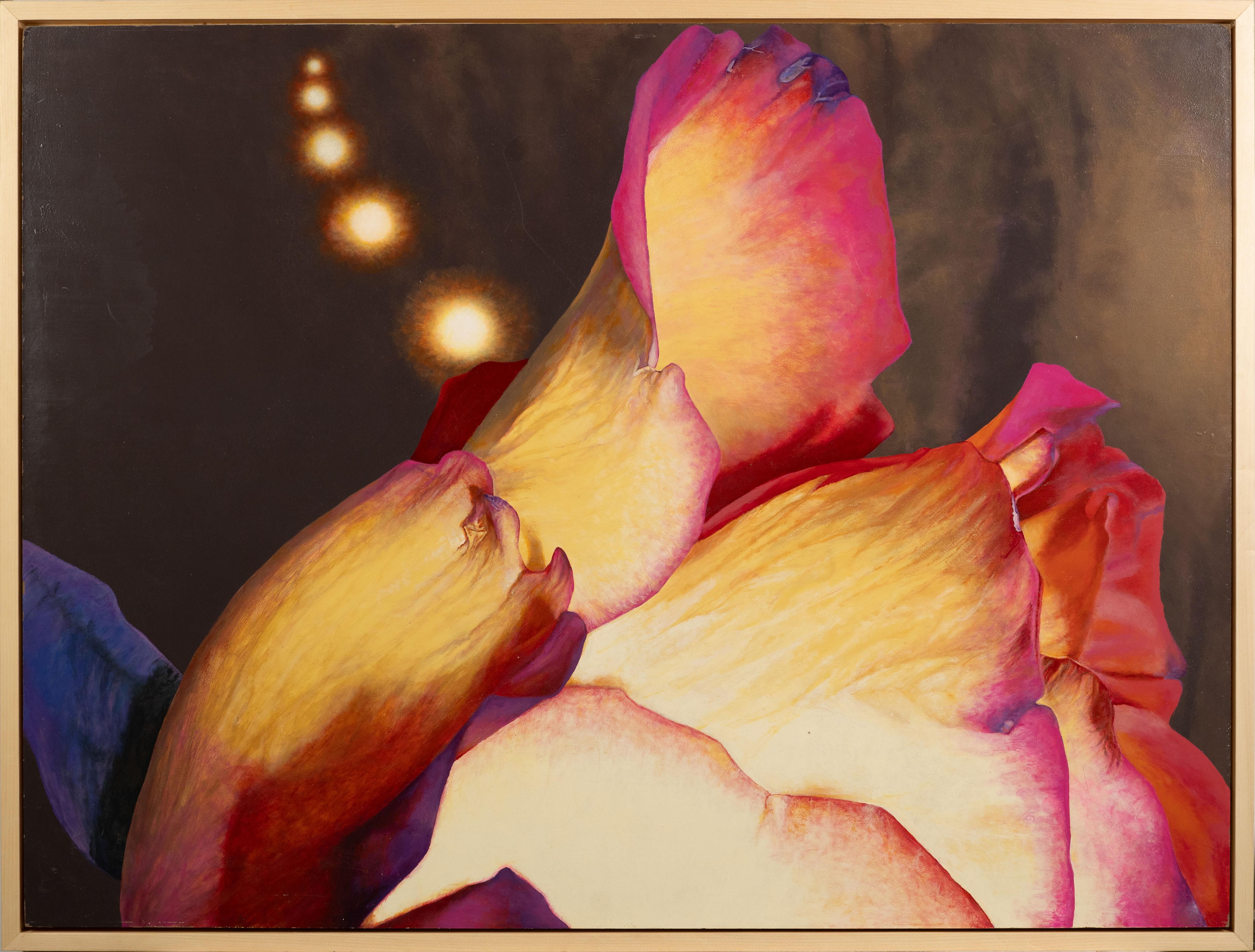 Unknown Still-Life Painting – Vintage Large American Modernist Trompe L'Oeil Rose Blume Stillleben Malerei