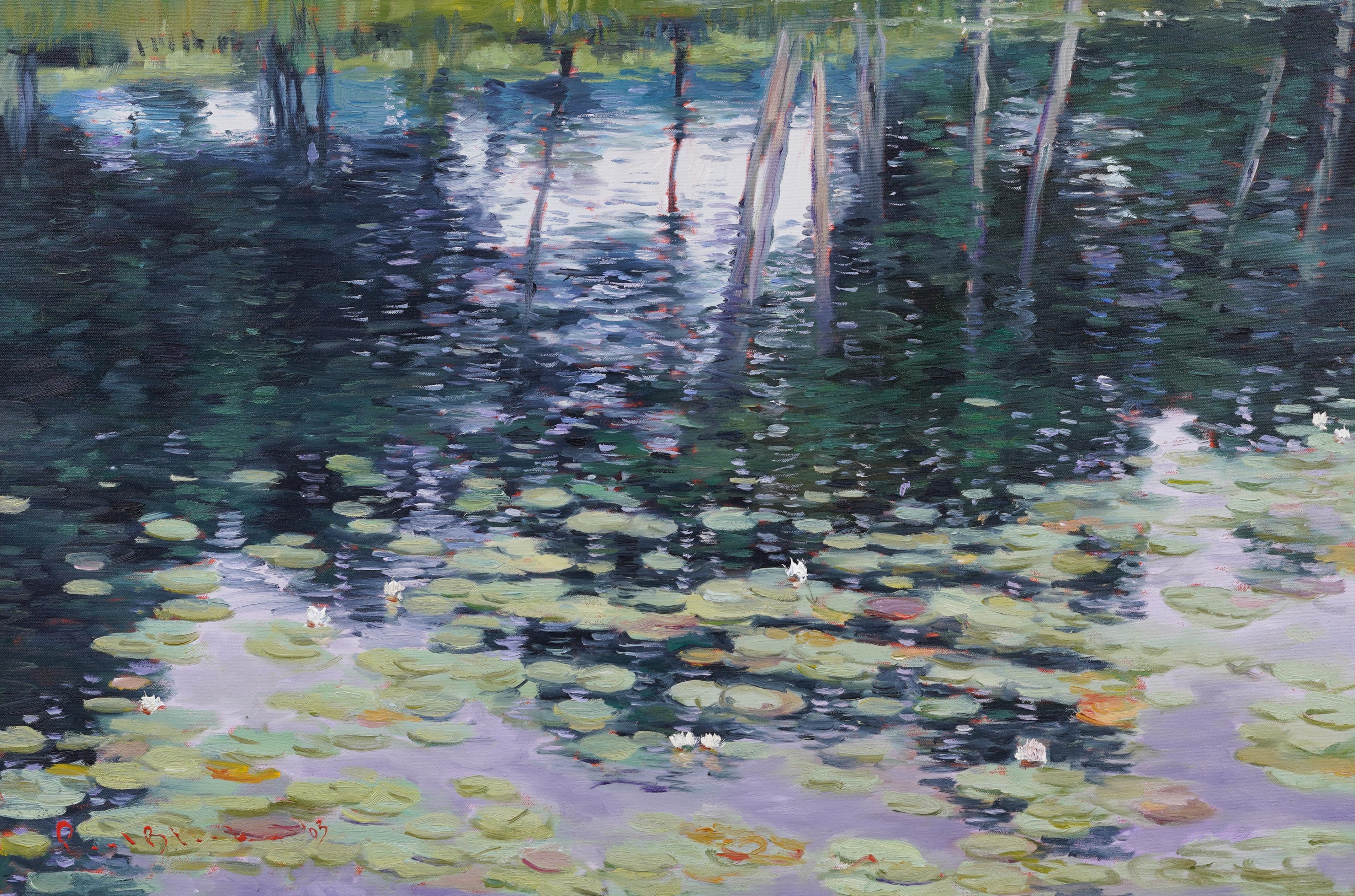 Gran cuadro vintage al óleo impresionista americano con paisaje de nenúfares de agua - Painting de Unknown