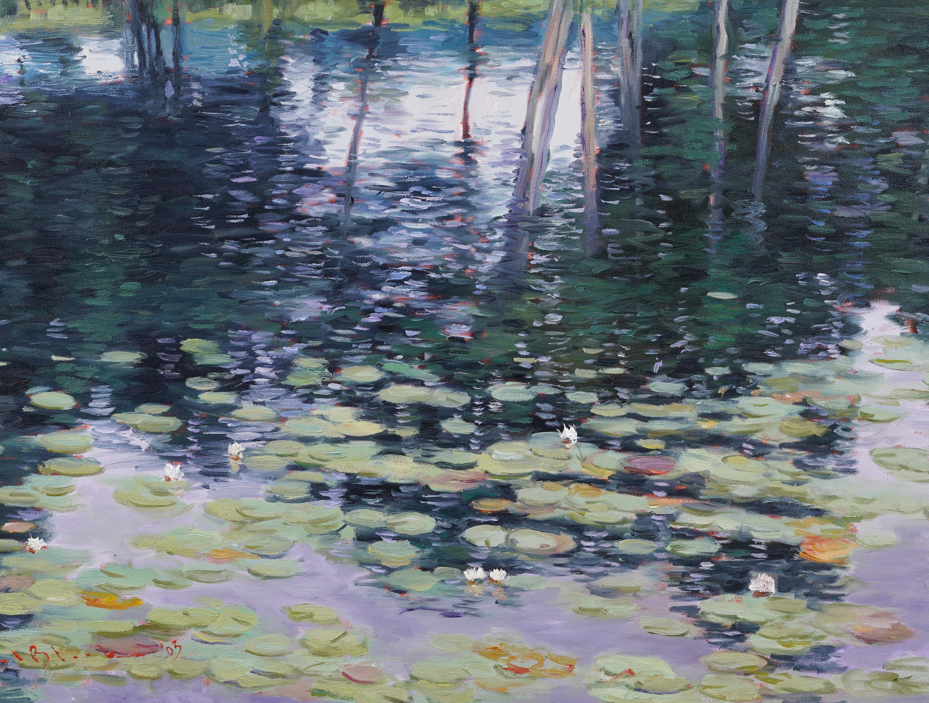 Gran cuadro vintage al óleo impresionista americano con paisaje de nenúfares de agua - Painting Impresionista de Unknown