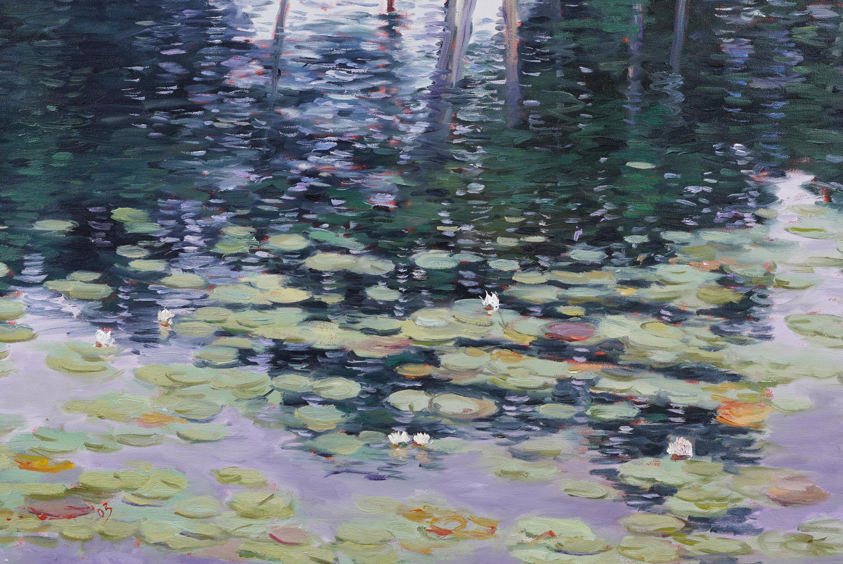 Vintage Large Framed American Impressionist Water Lilly Landscape Oil Painting For Sale 2