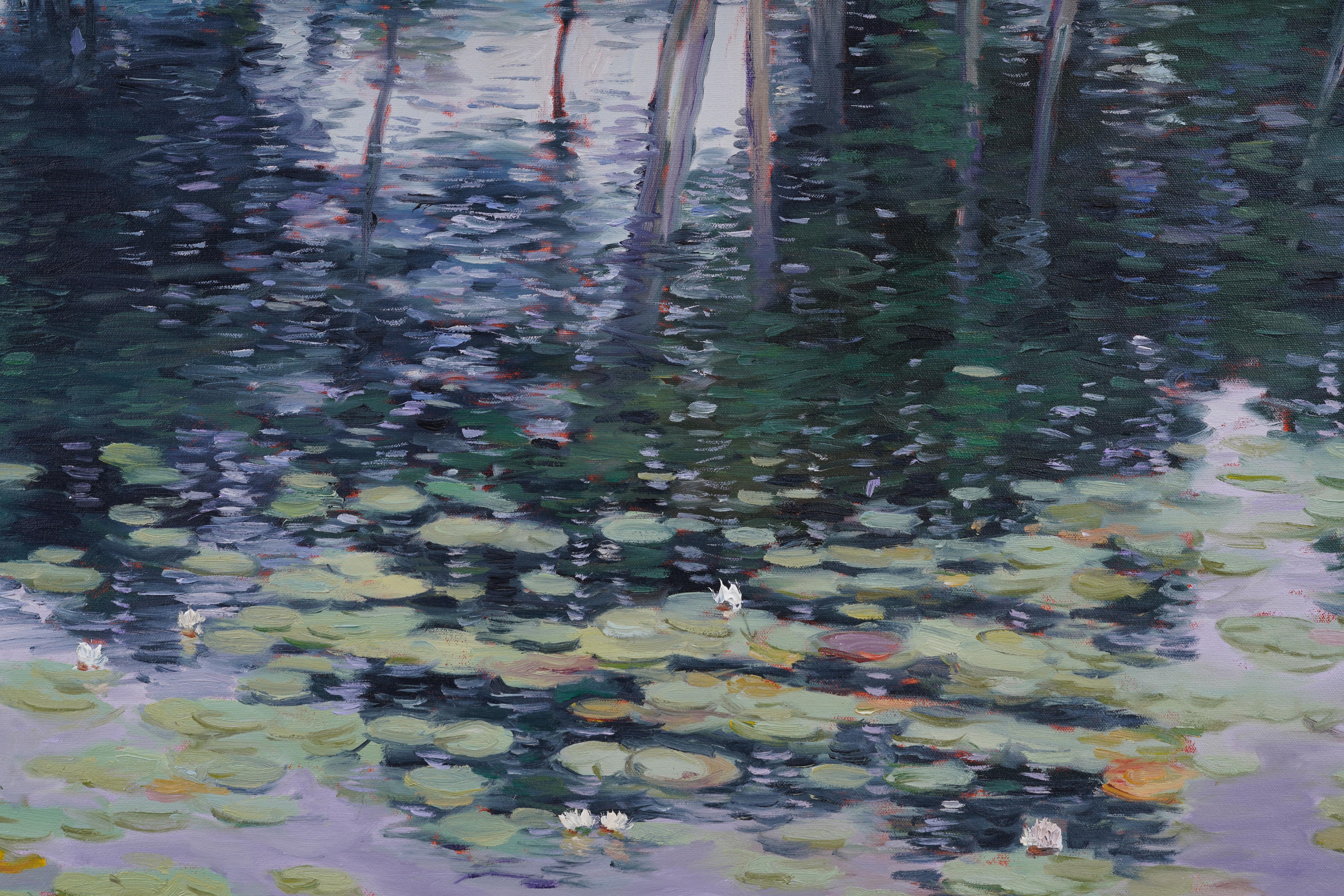 Vintage Large Framed American Impressionist Water Lilly Landscape Oil Painting For Sale 3
