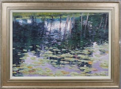 Gran cuadro vintage al óleo impresionista americano con paisaje de nenúfares de agua