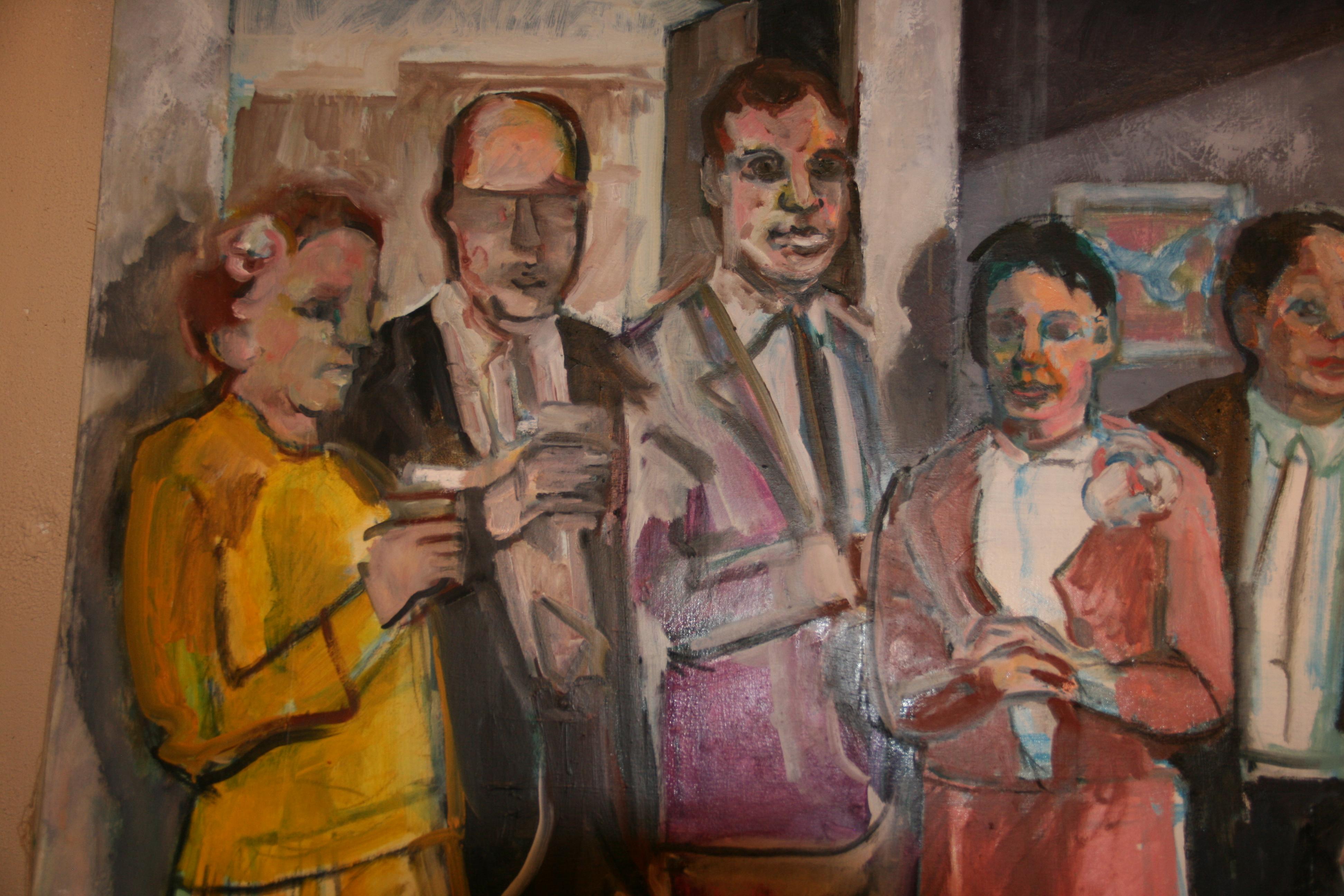 Gran pintura al óleo figurativa vintage de mediados de siglo en Nueva York  Cóctel años 60 en venta 8