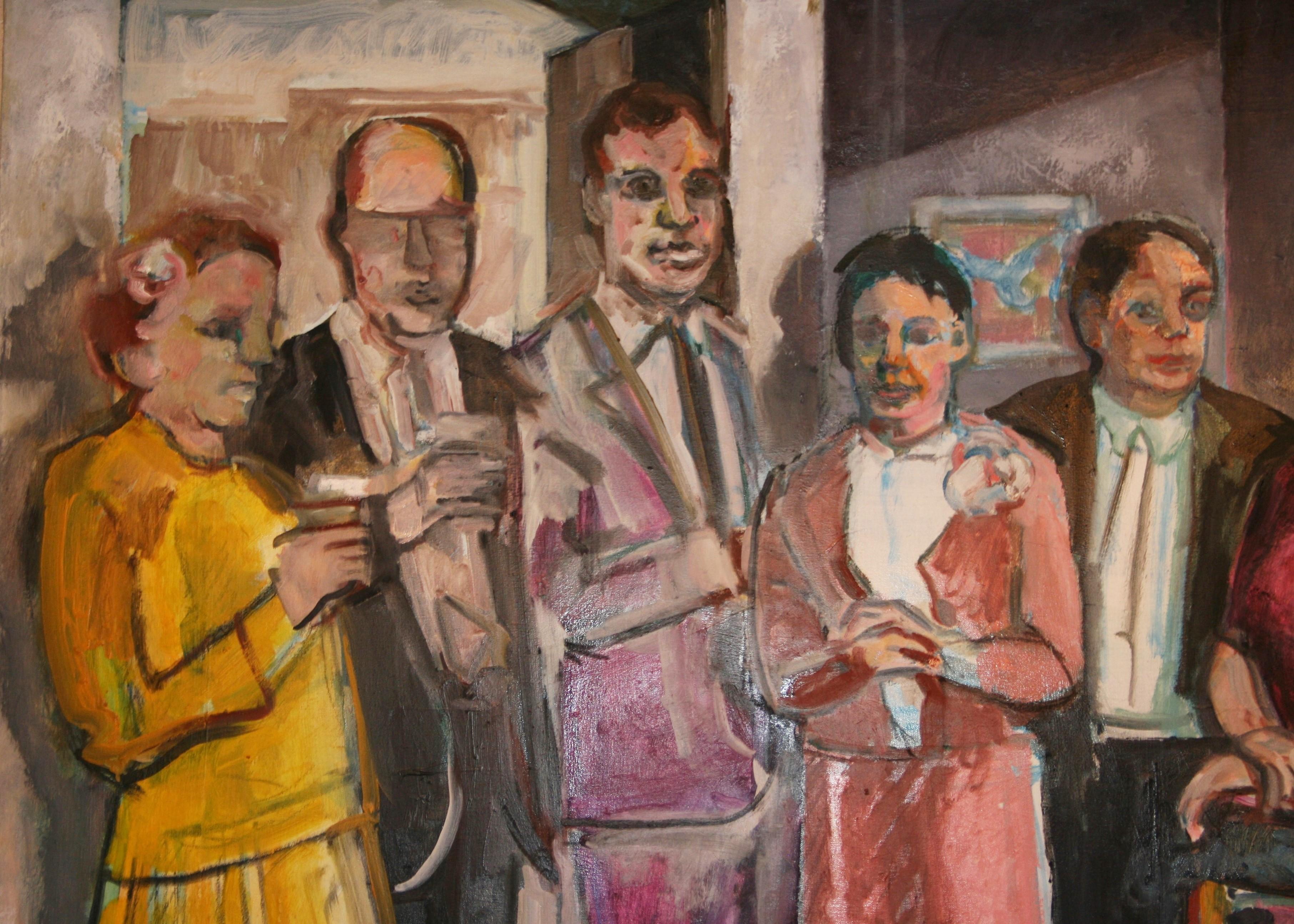 Gran pintura al óleo figurativa vintage de mediados de siglo en Nueva York  Cóctel años 60 - Figurative Painting Marrón de Unknown