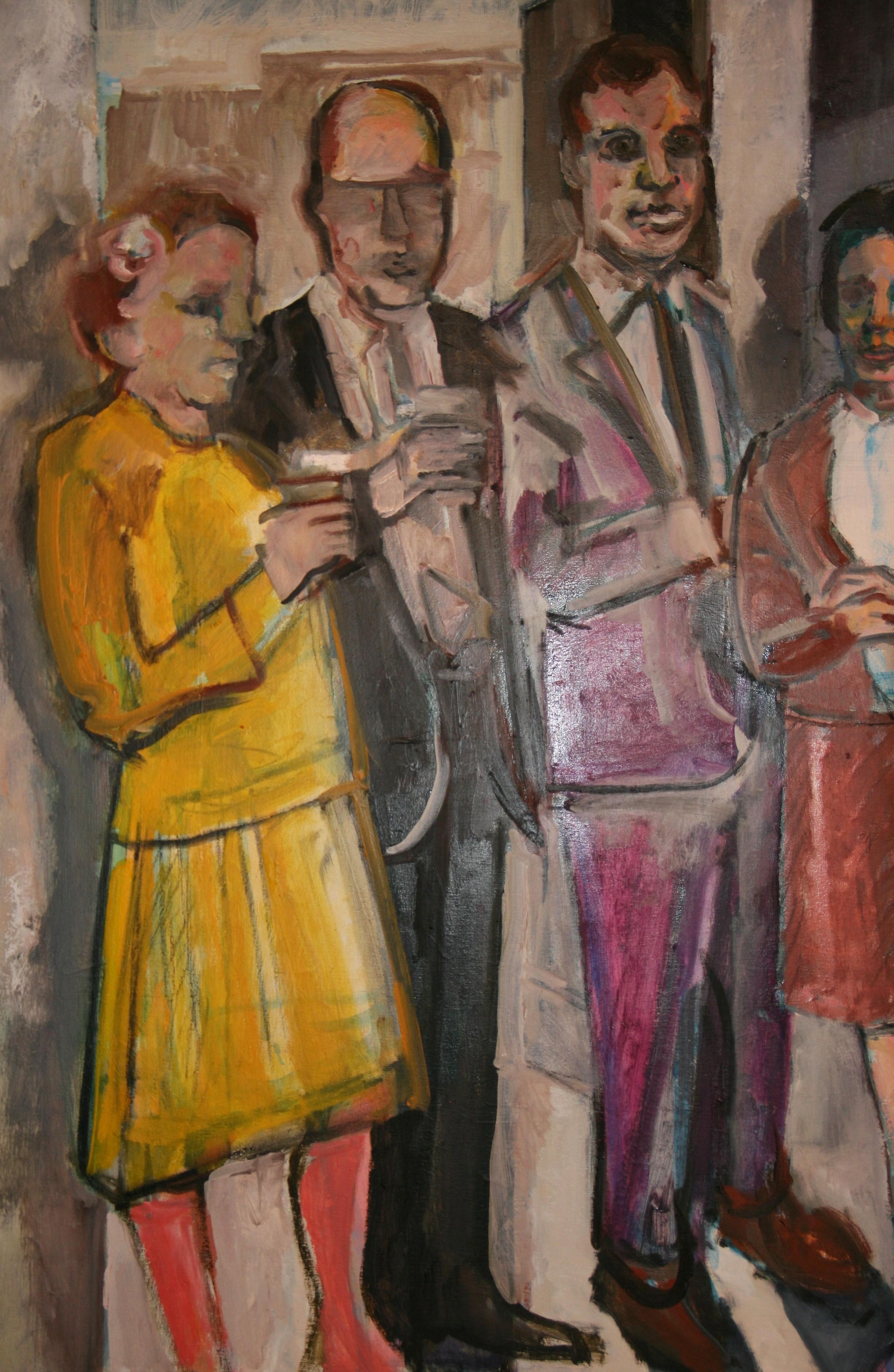 Gran pintura al óleo figurativa vintage de mediados de siglo en Nueva York  Cóctel años 60 en venta 1