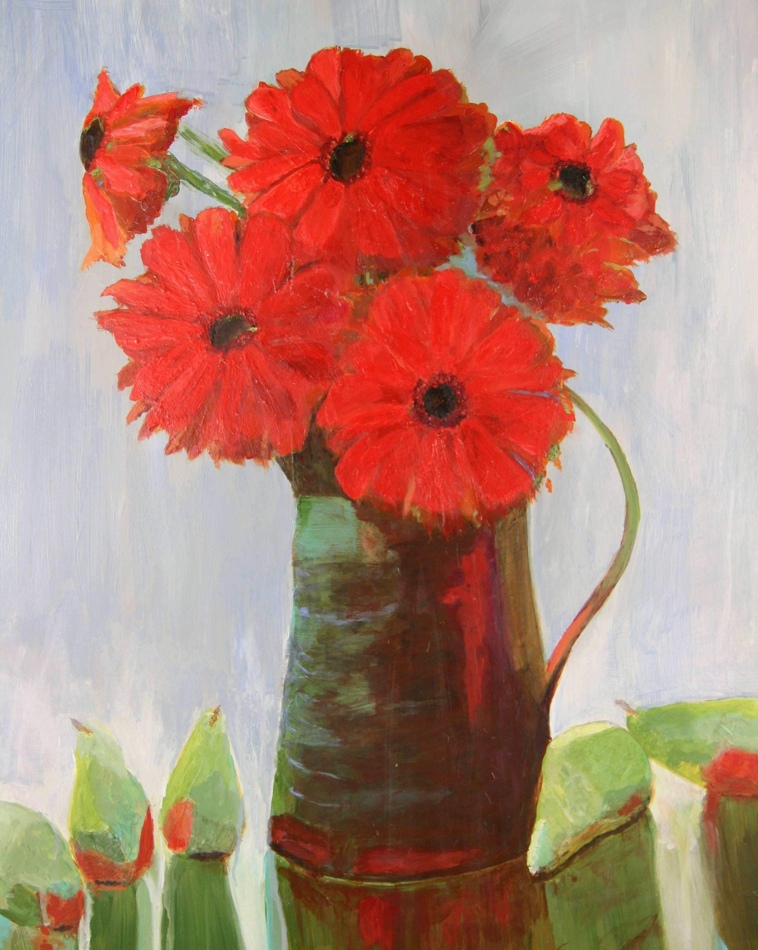 Vintage Große Skala Rot Bouquet Floral  Stilleben-Malerei  – Painting von Unknown