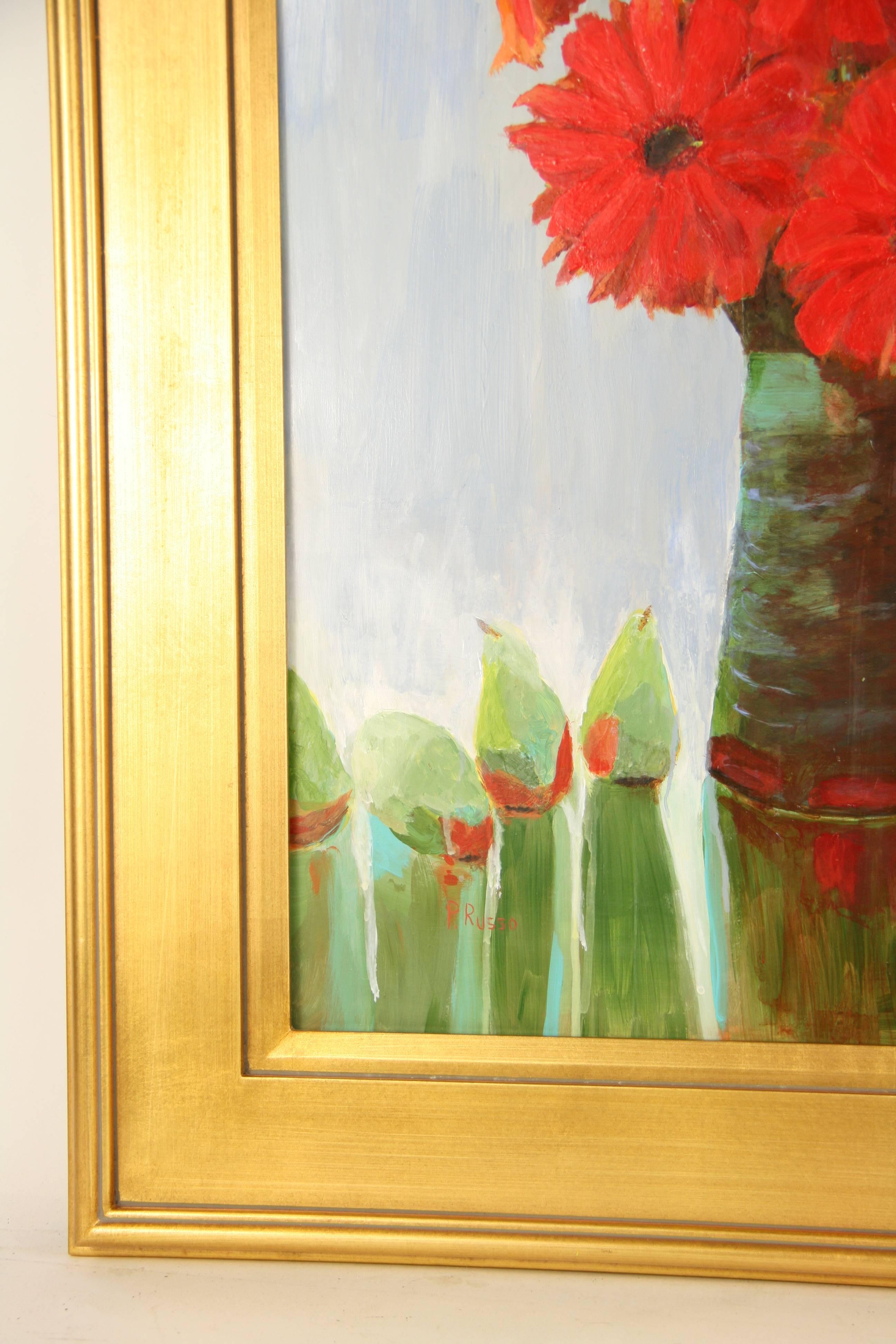 #5-2900 Ein roter Blumenstrauß in einem Krug, Vintage  Stilleben, Acryl auf Karton, ausgestellt in einem vergoldeten Holzrahmen,
signiert unten links von P.Russo.Neapolitanischer Künstler
Bildgröße 19,5 H x 23 B