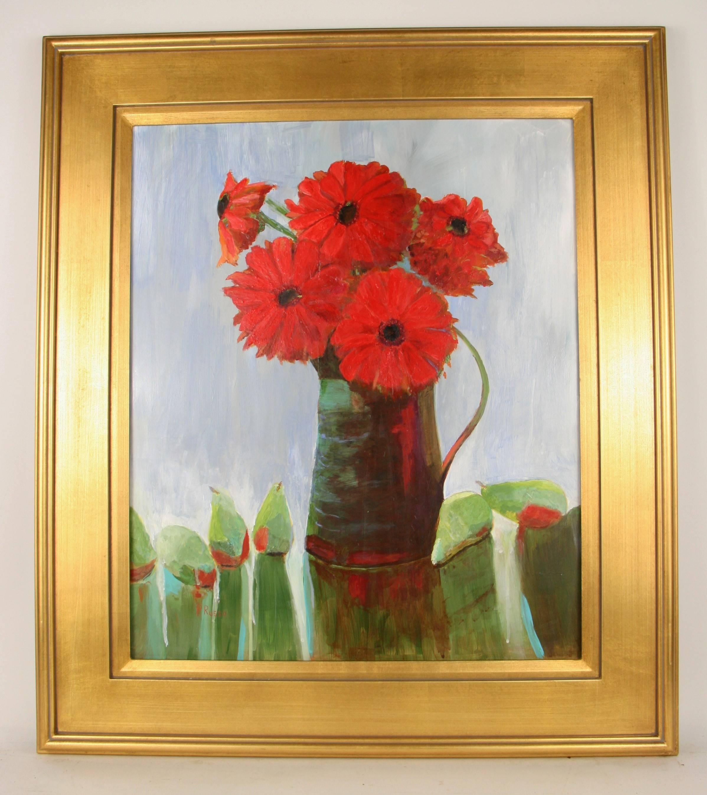 Unknown Still-Life Painting - Vintage Large Scale Red Bouquet Floral  Still Life Painting 