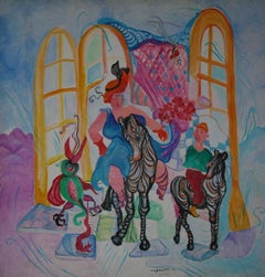Großformatiges surreales Ölgemälde/Bleistift, Vintage  Gemälde „Ride Zebra-Ride“