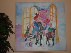 Vintage Large Scale Surreal Oil /Crayon  Painting "Ride Zebra Ride"