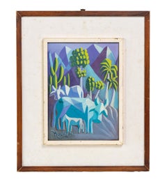 Vintage Latin Amercian Modernist Framed Tropical Mountain Landscape Oil Painting